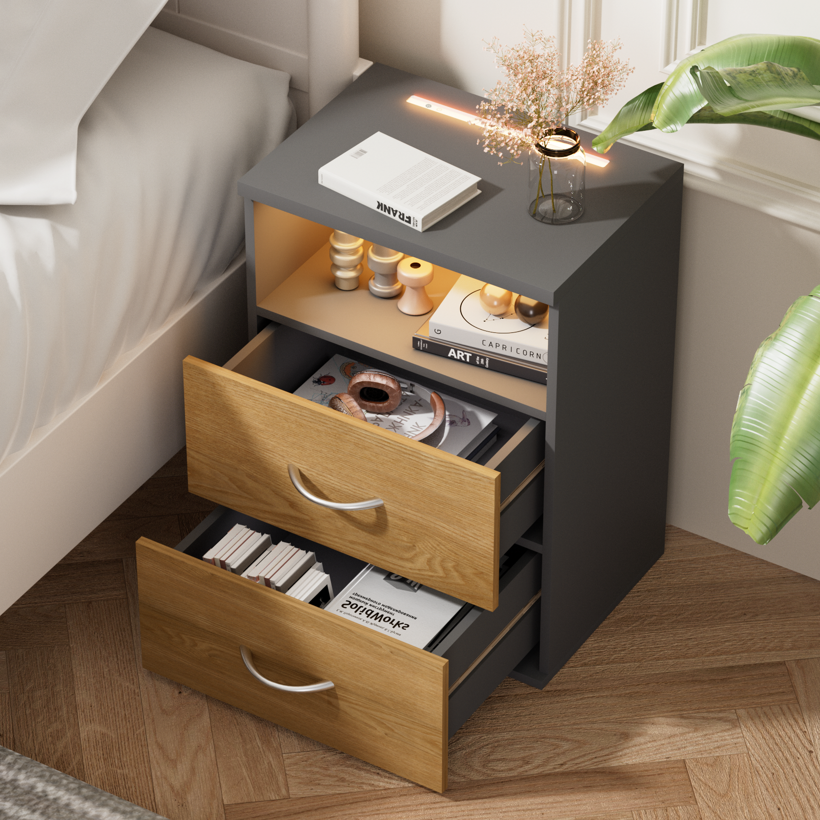 Nachttisch Jamie 2er-Set Holz/Grau 55x40x28cm