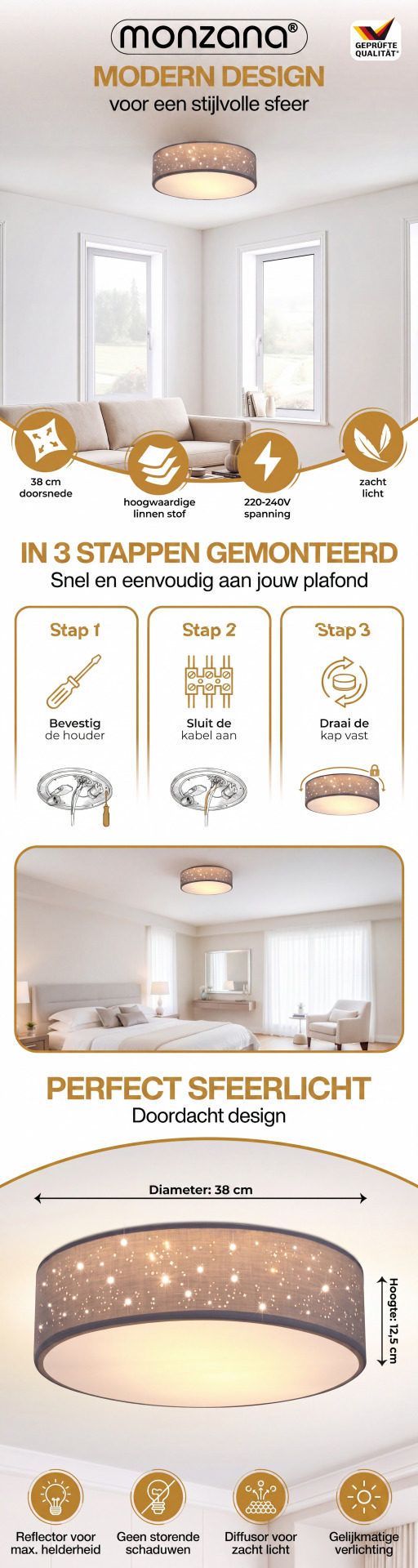 Deckenlampe Grau Stoff Ø38cm Sternenhimmel