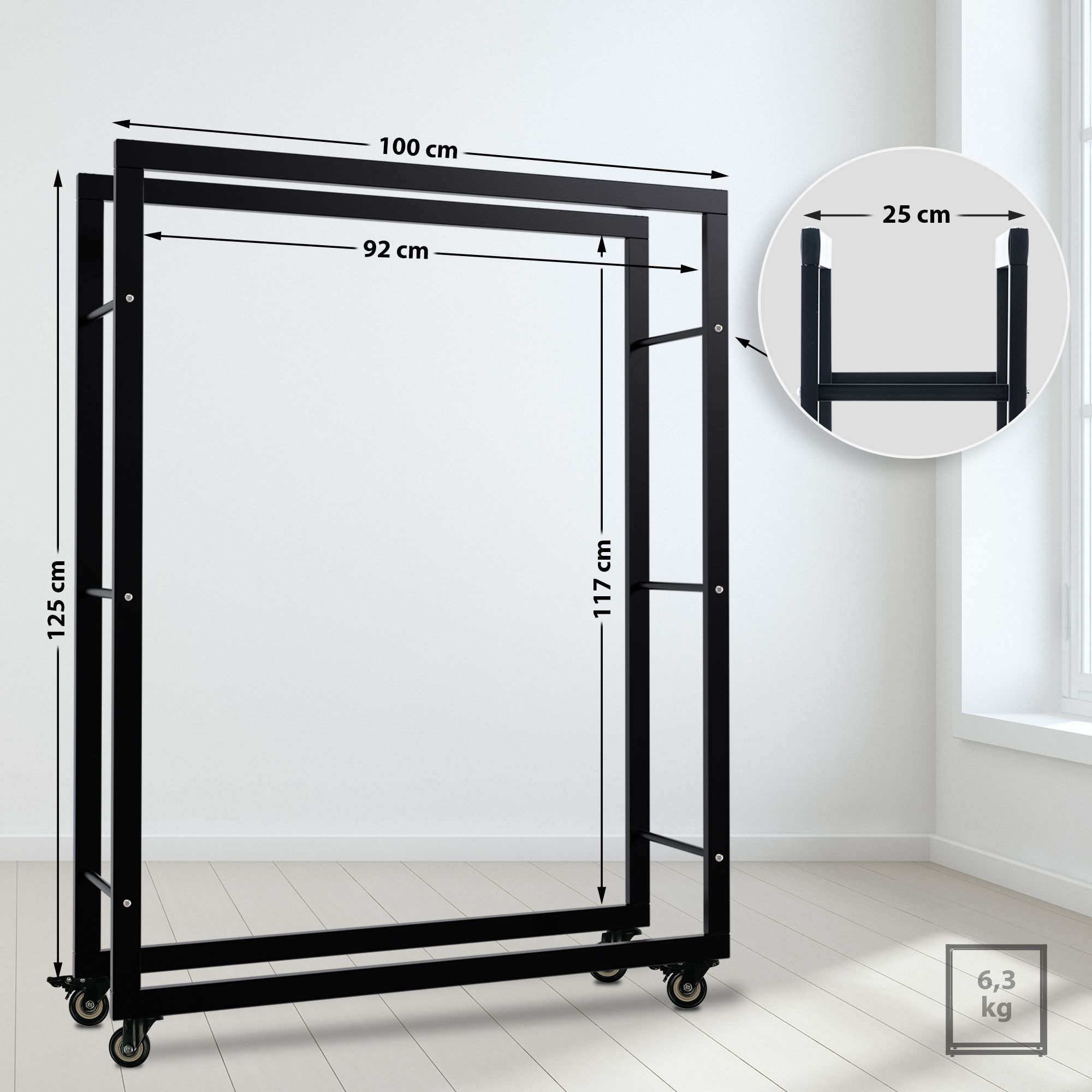 Kaminholzständer Keri mit Rollen 25x100x125, schwarz