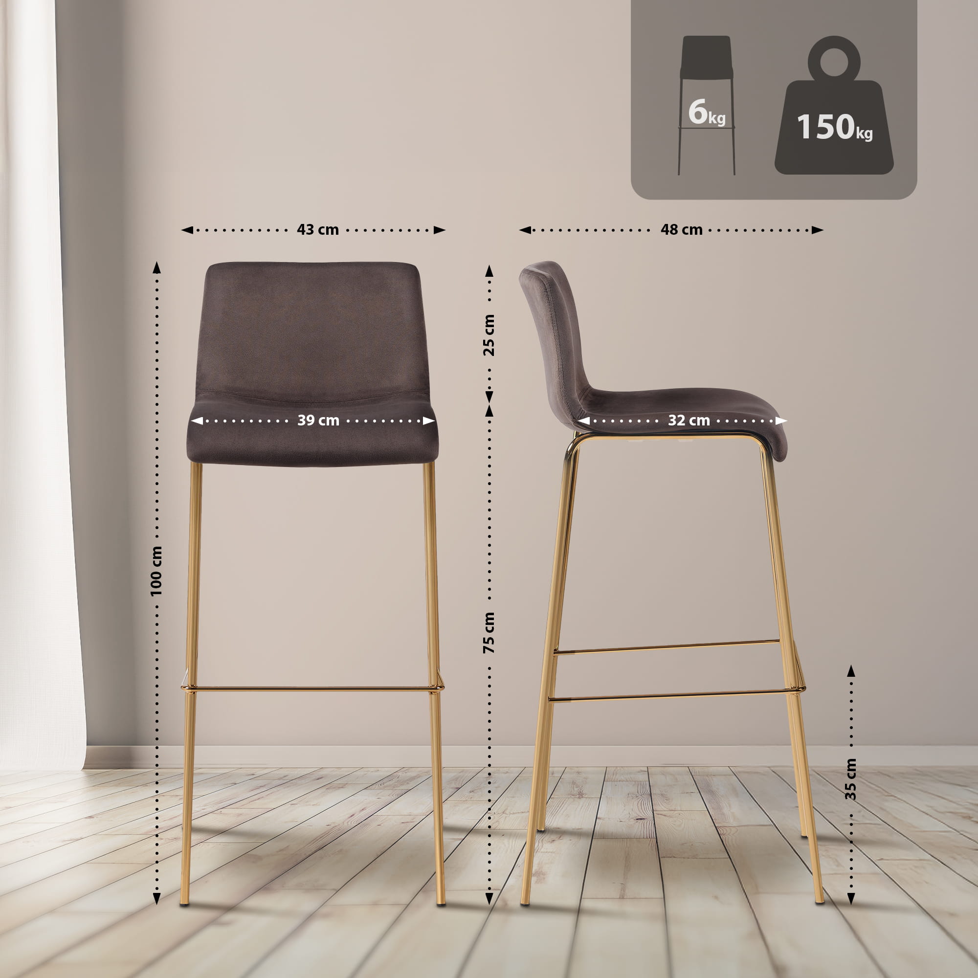 Barhocker Hoover Samt 4-Fuß Gold, braun