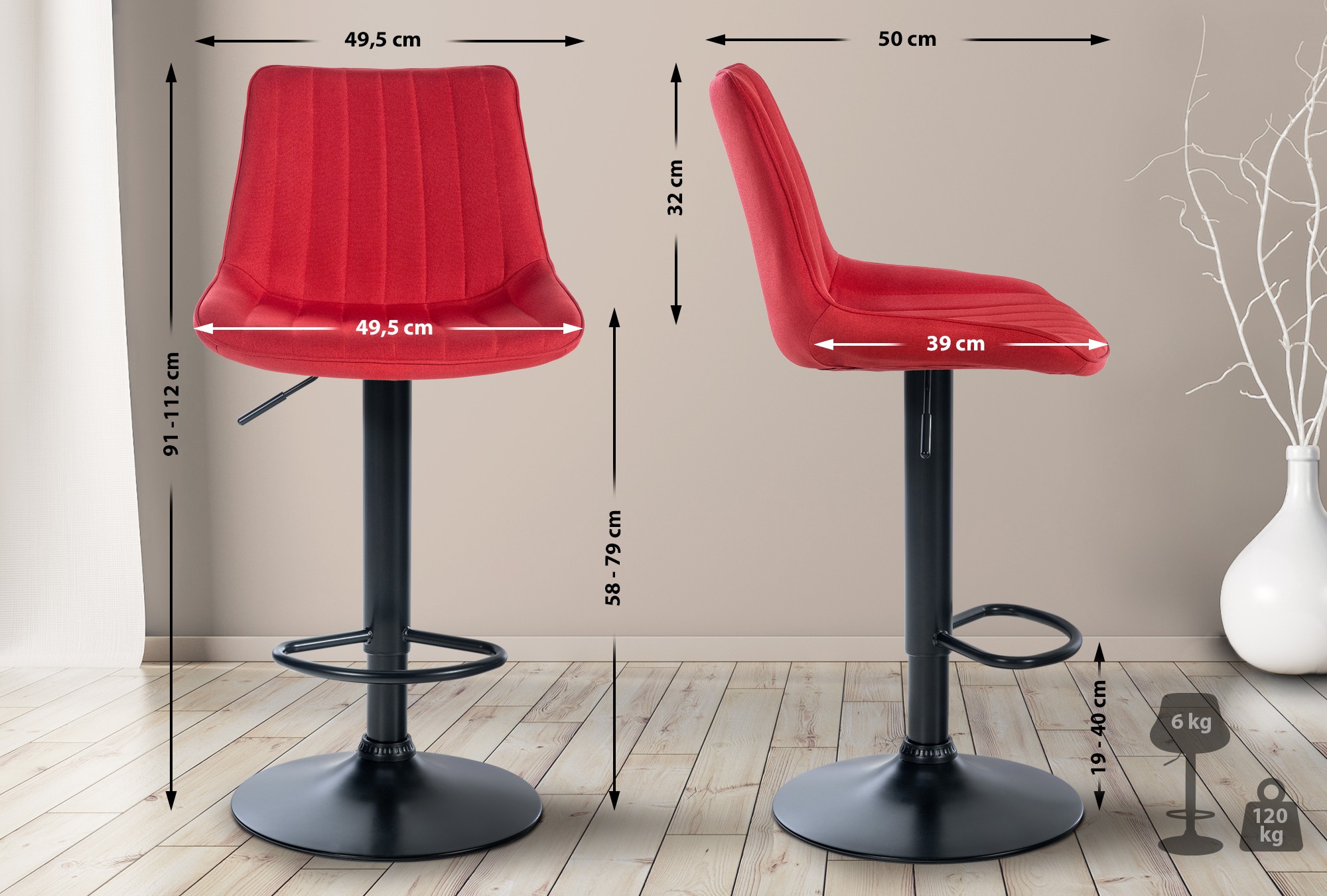2er Set Barhocker Toni Stoff schwarz, rot