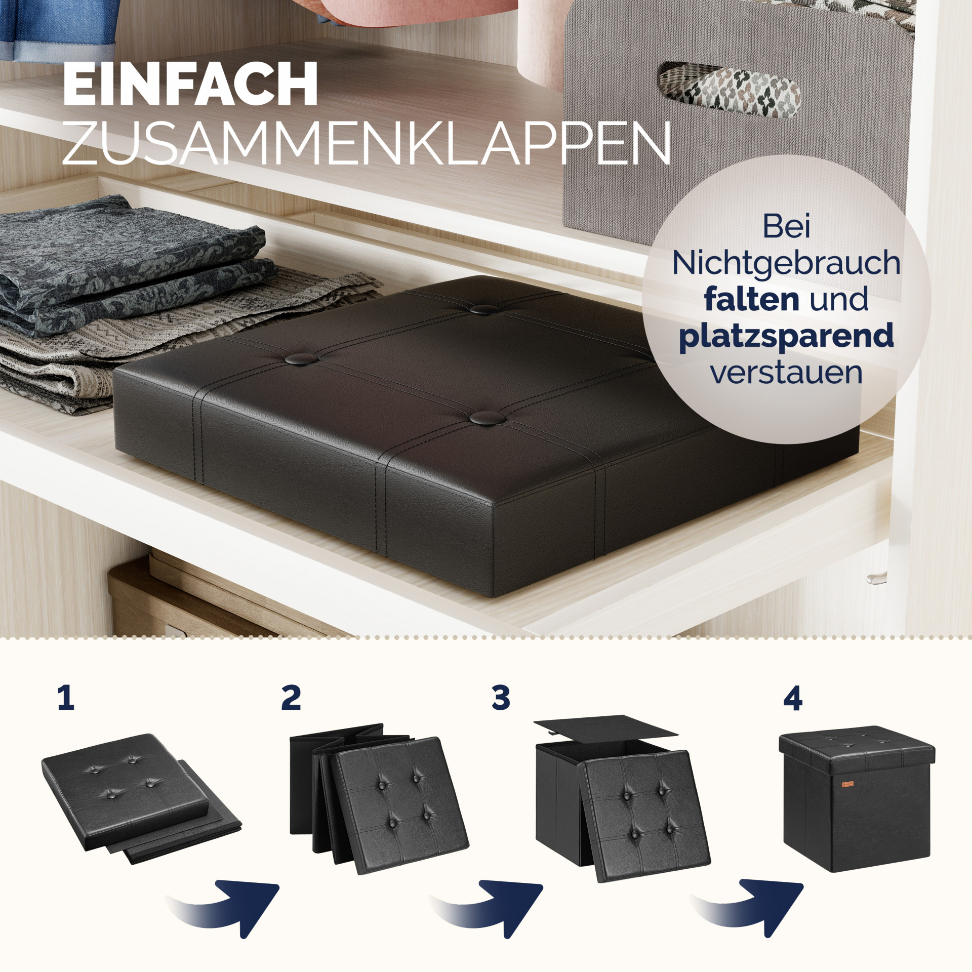 Sitzhocker Schwarz Kunstleder 38x38x38cm faltbar