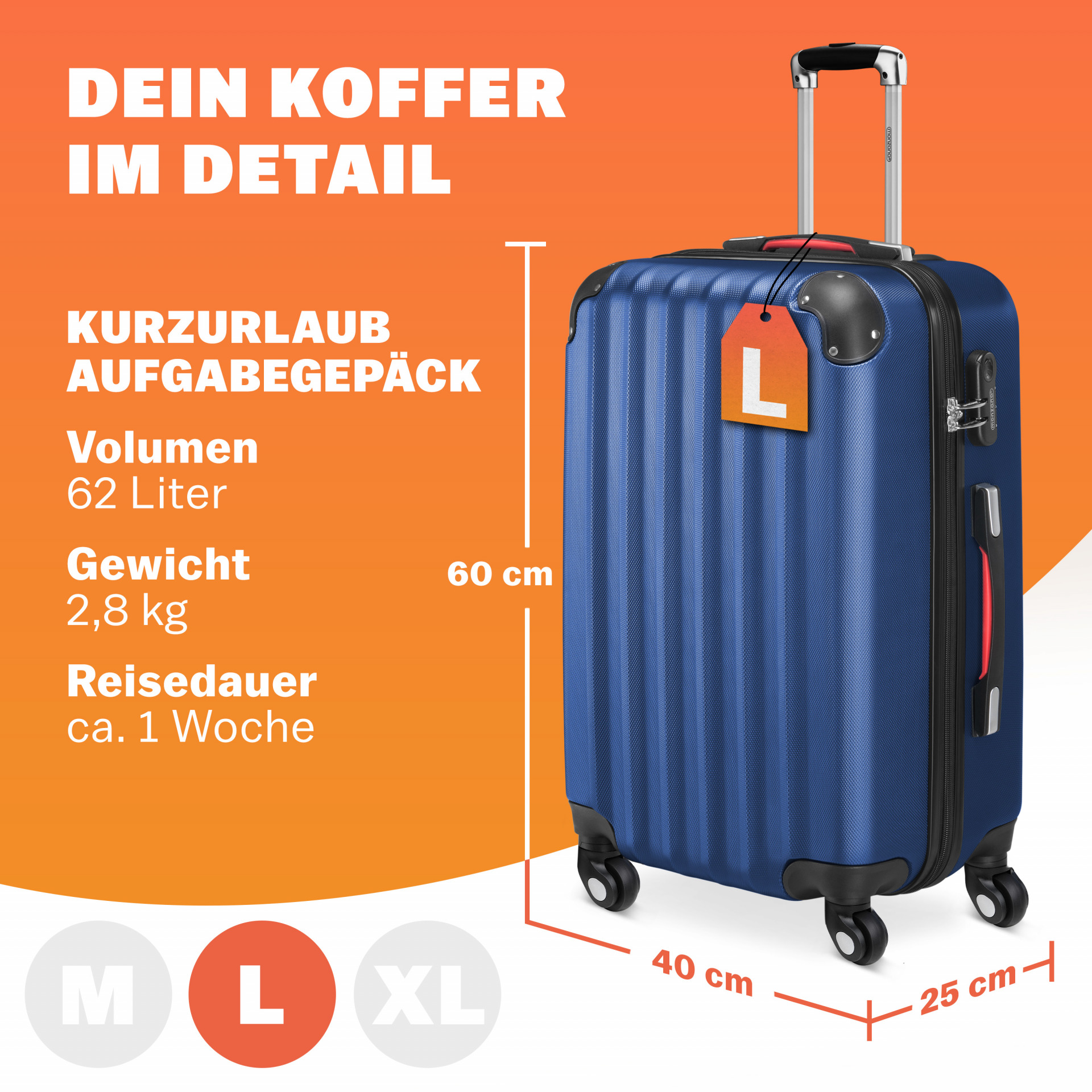 Hartschalenkoffer L Rollen 360º Reisekoffer 62L Blau ABS