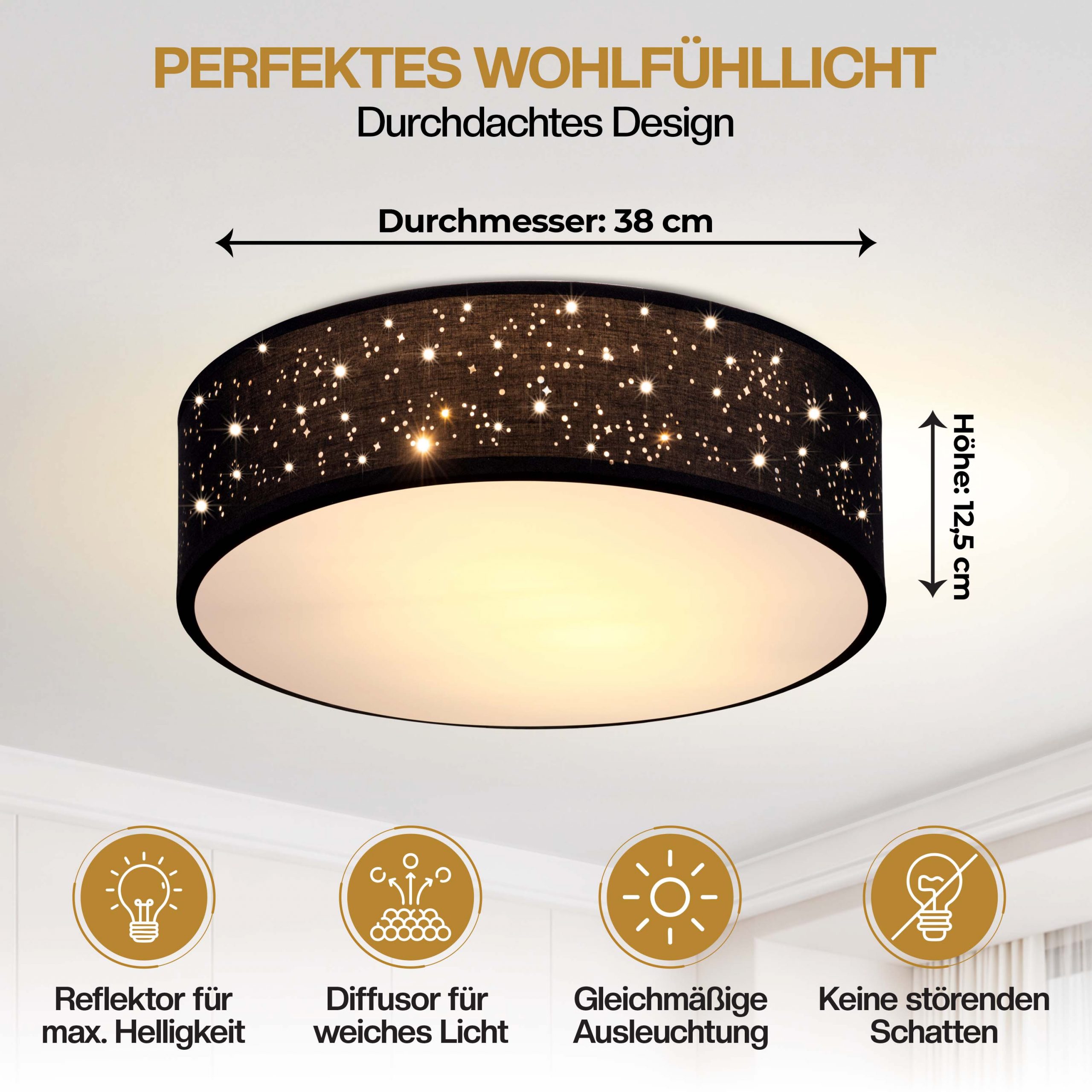 Deckenlampe Schwarz Stoff Ø38cm Sternenhimmel