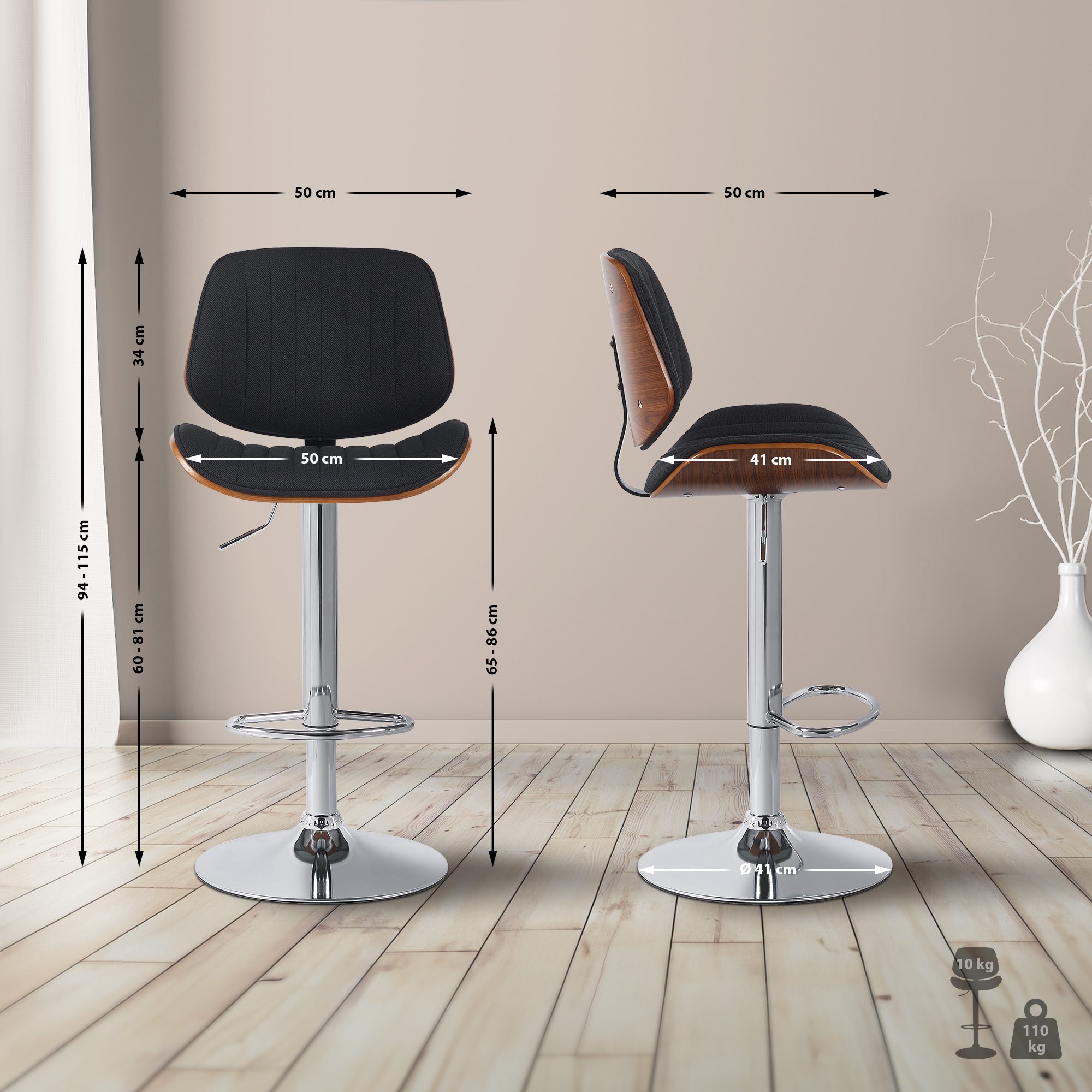 Barhocker Clawson Stoff chrom, walnuss/schwarz
