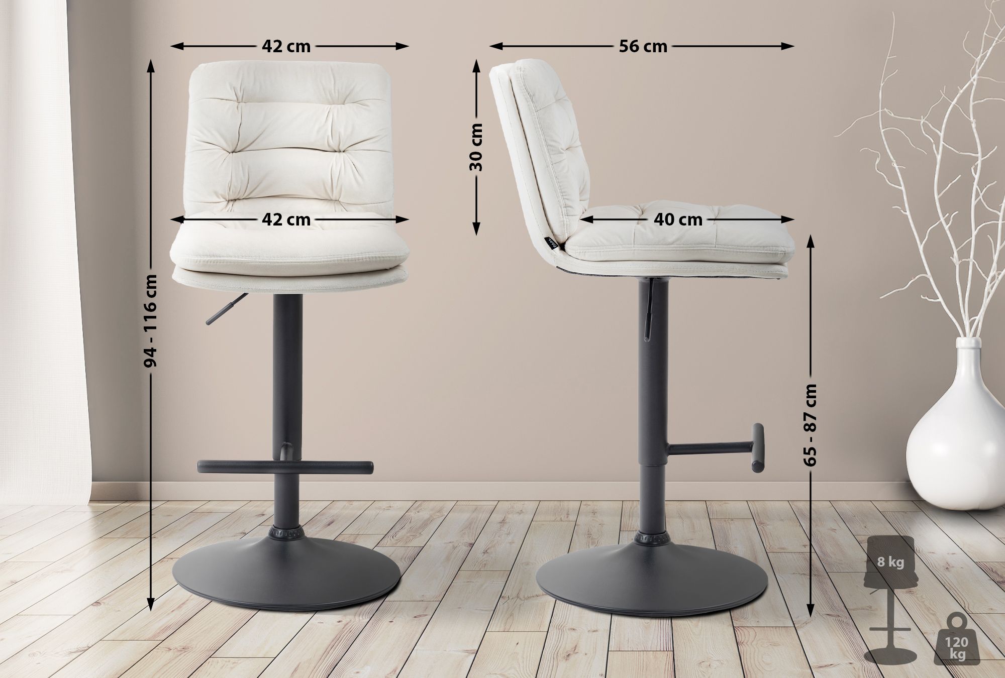 Barhocker Damar Samt schwarz, creme