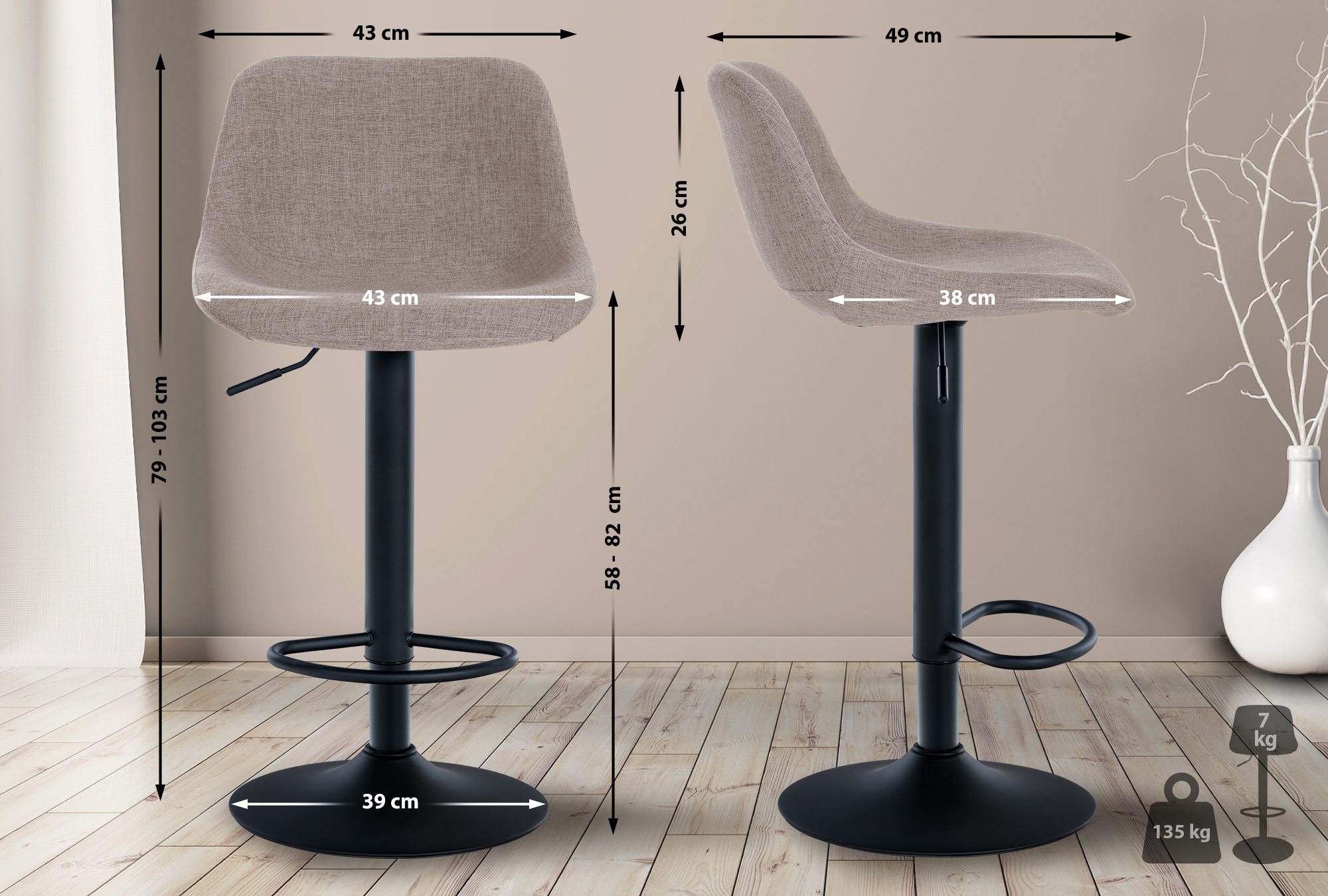 2er Set Barhocker Loft Stoff, taupe