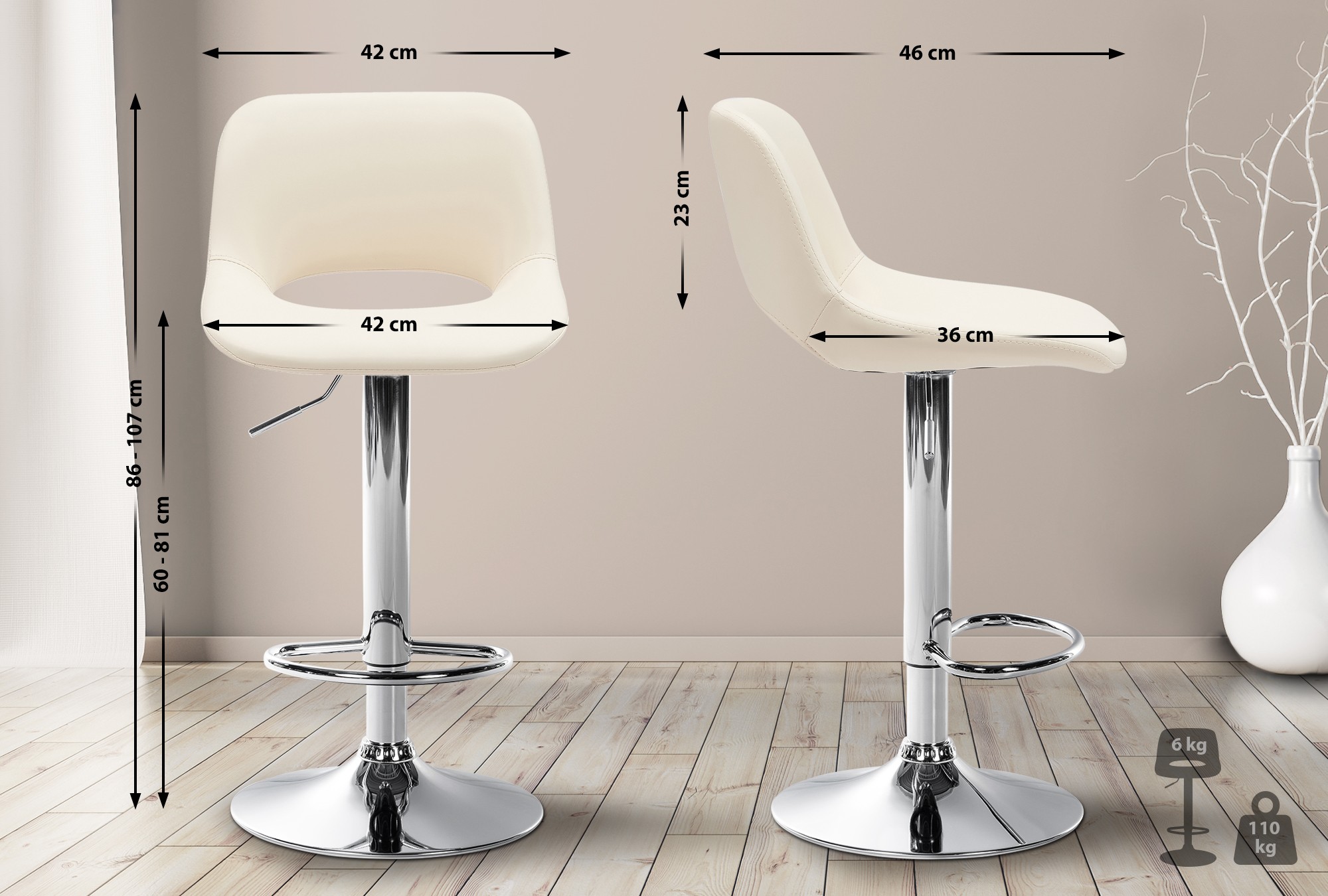 2er Set Barhocker Camden Kunstleder chrom, creme