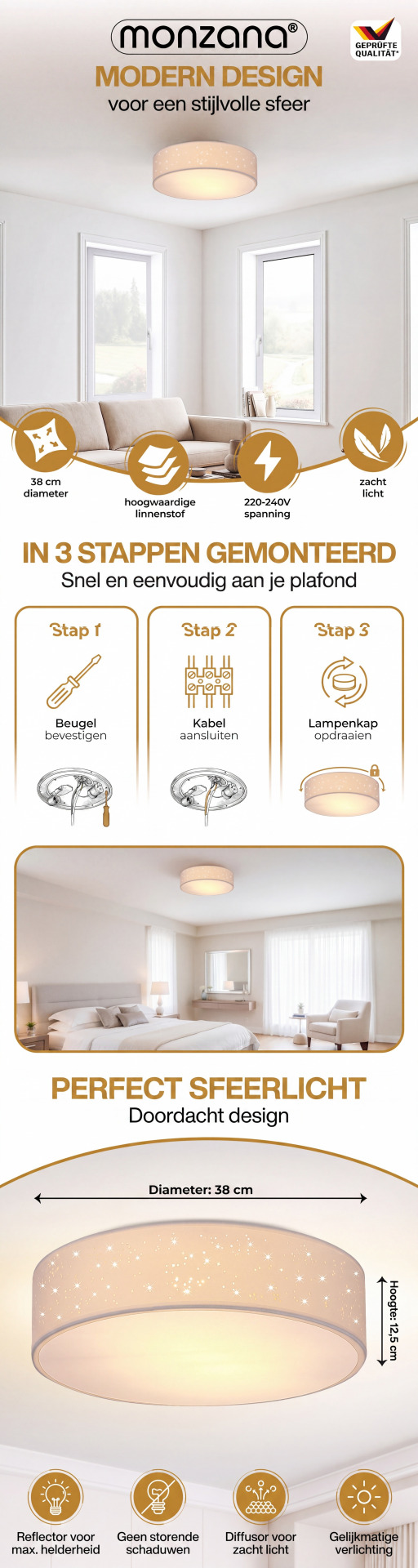 Deckenlampe Weiß Stoff Ø38cm Sternenhimmel