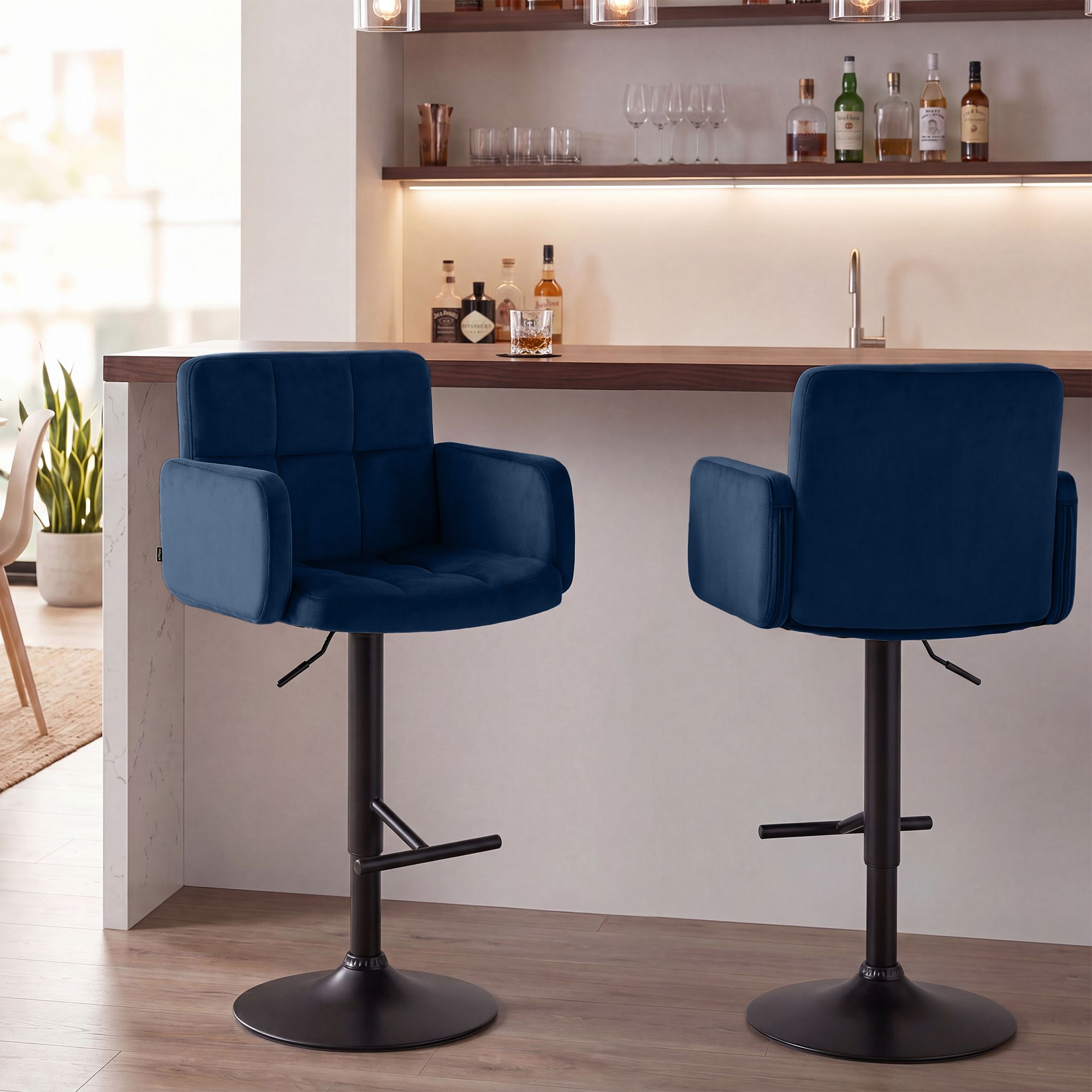 2er Set Barhocker Los Angeles Samt schwarz, blau