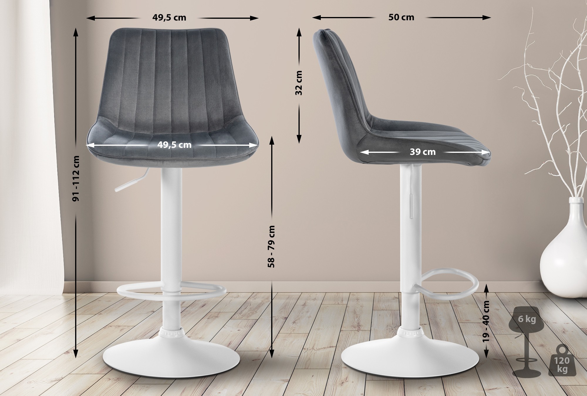 2er Set Barhocker Toni Samt weiß, dunkelgrau