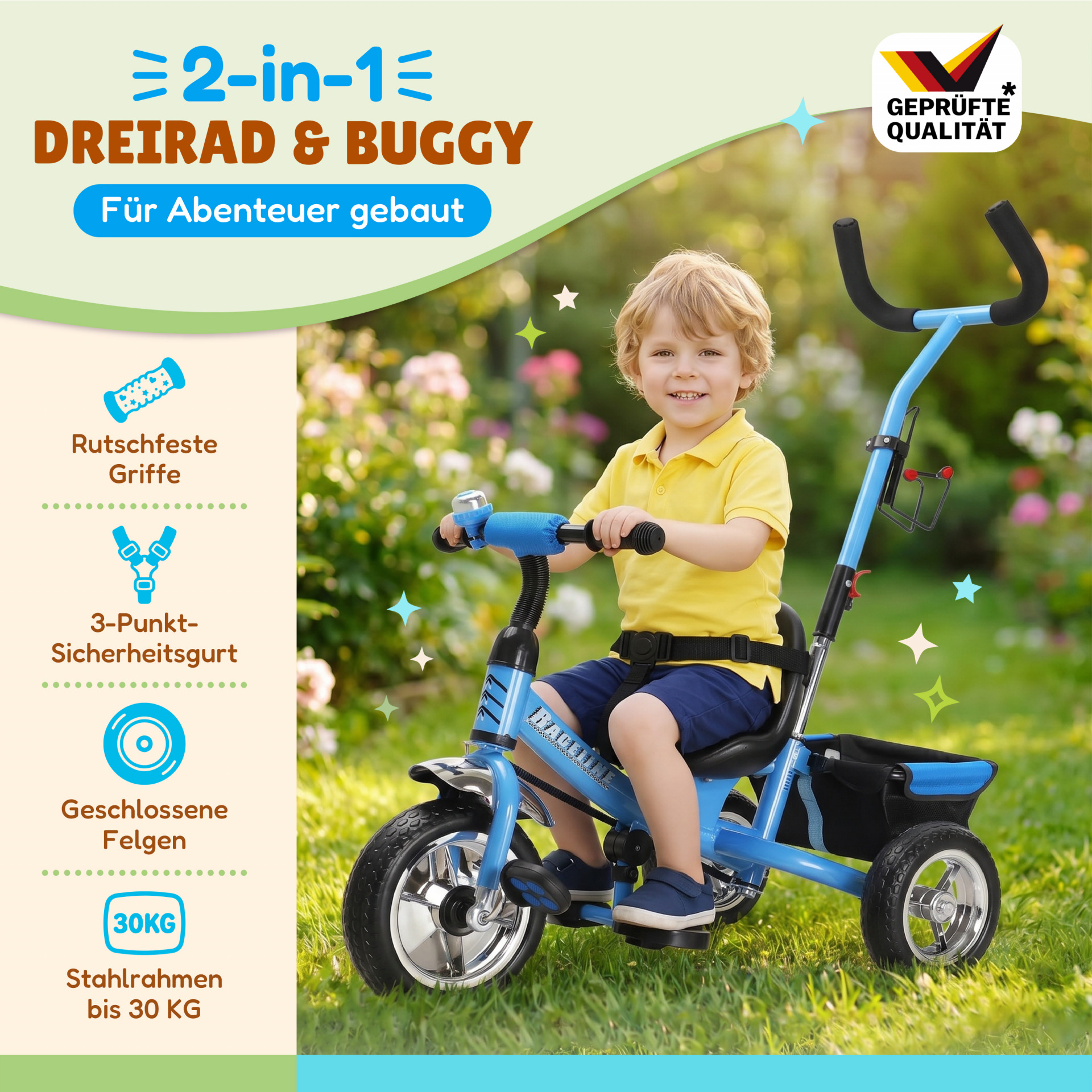 Kinderdreirad Raceline Blau Metall Schiebestange