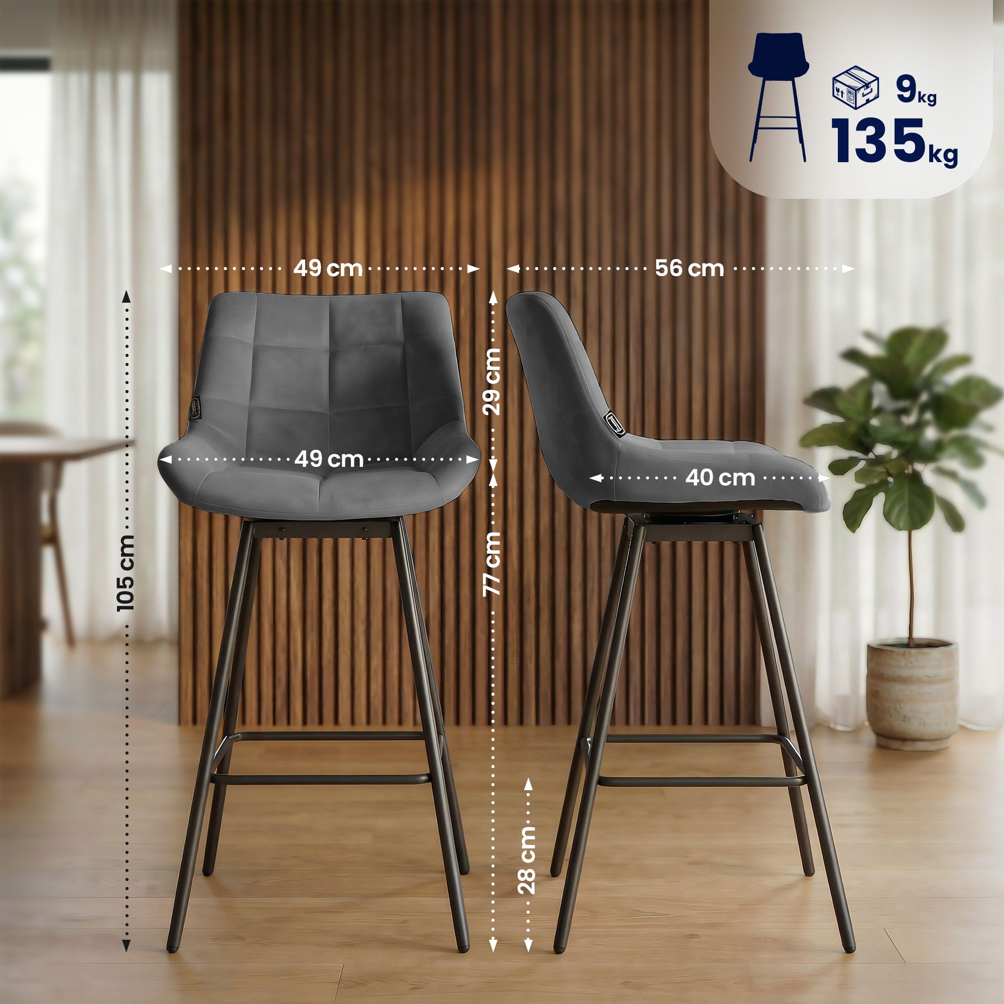 Barhocker Weston Schwenkbar Samt, grau