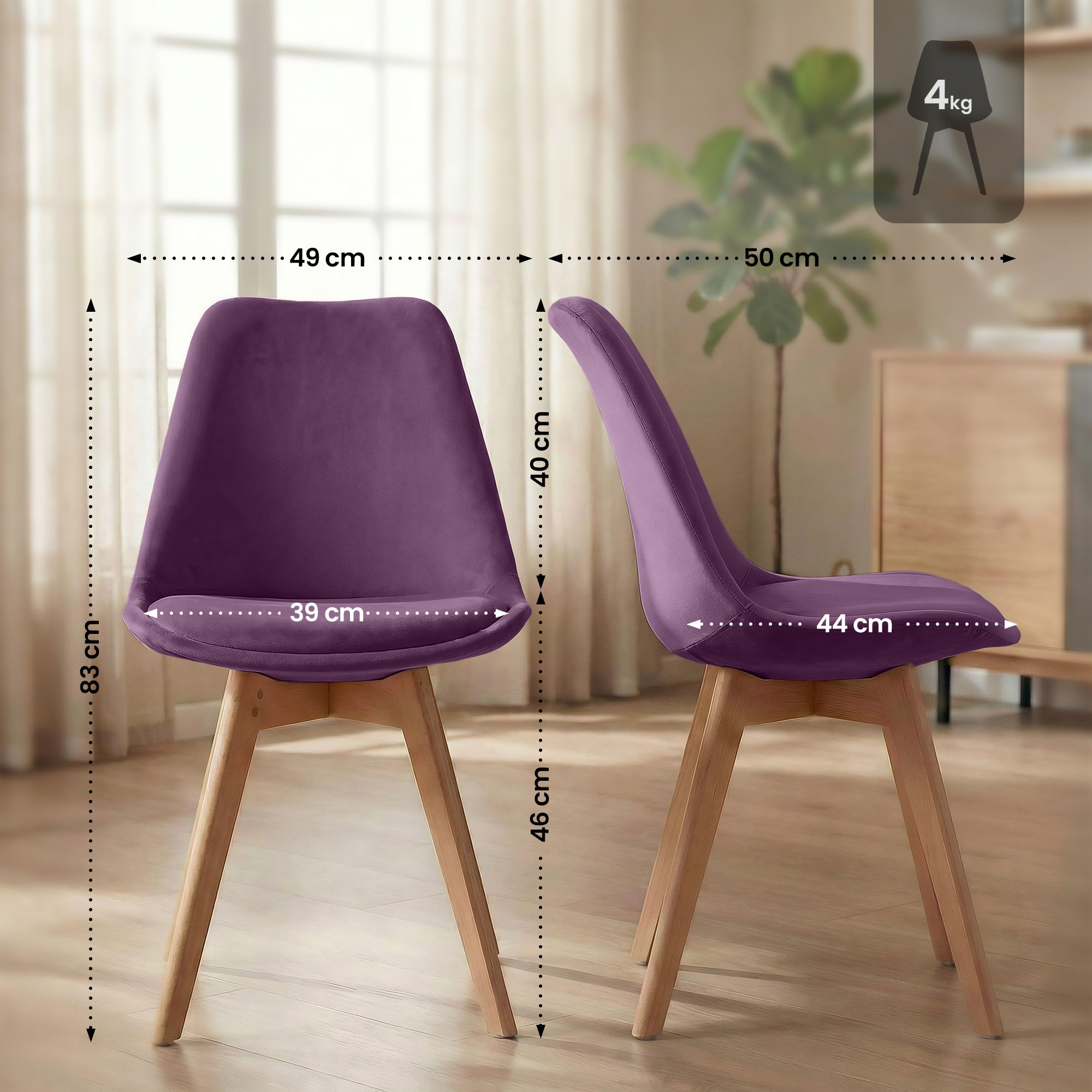 4er Set Stuhl Linares Samt, lila