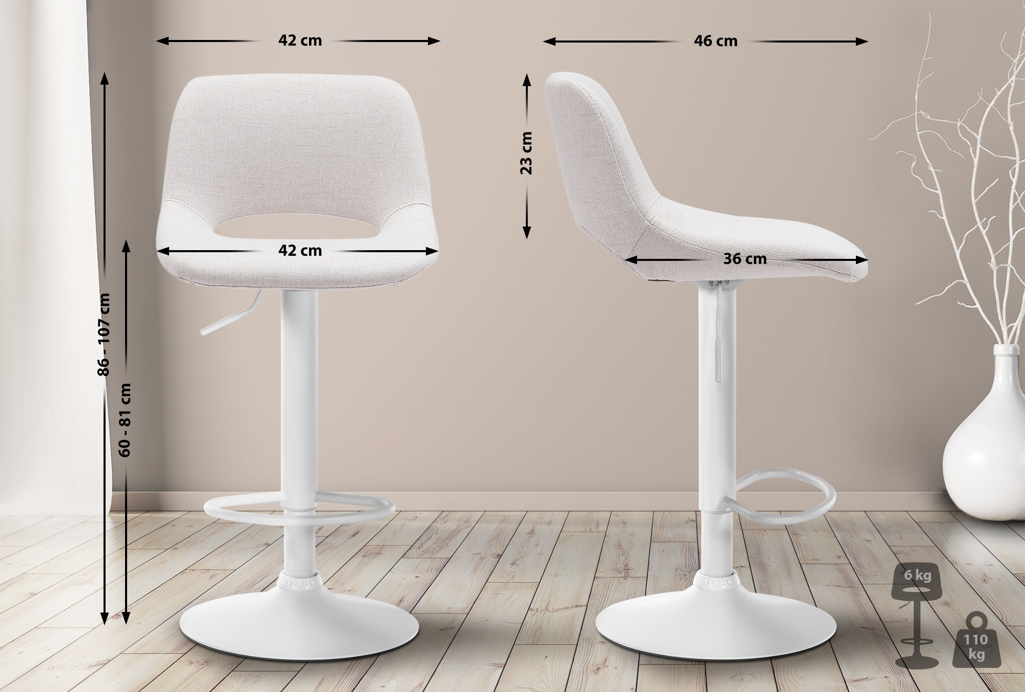 2er Set Barhocker Camden Stoff weiß, creme