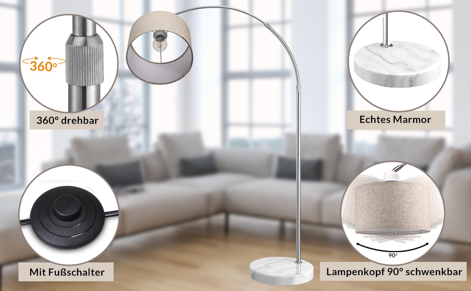 Design Bogenlampe Grau Leinen 150-175cm verstellbar