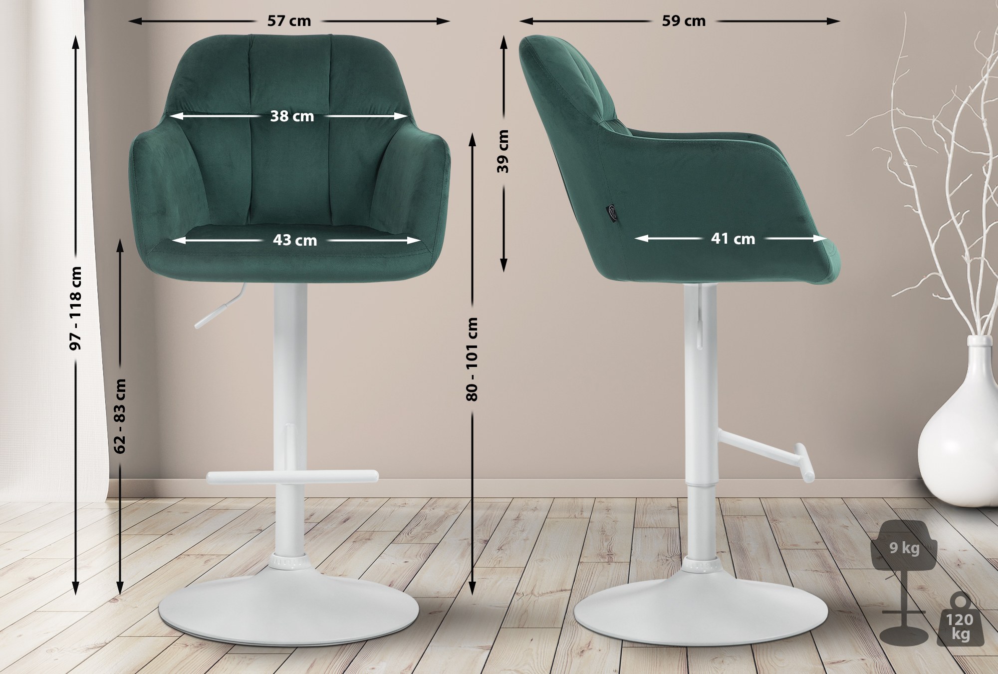 Barhocker Natoma Samt weiß, grün