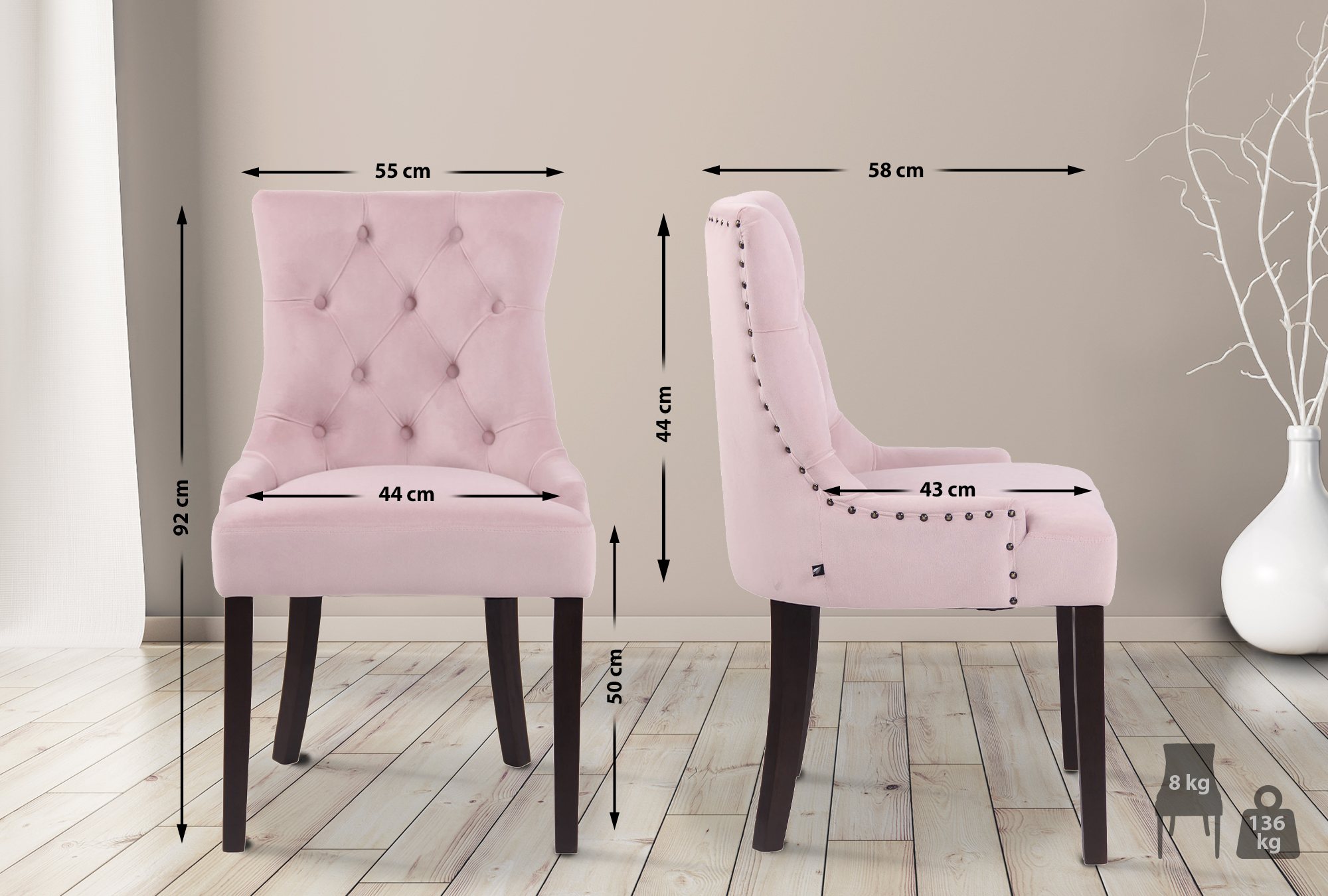 4er Set Esszimmerstühle Aberdeen Samt antik, pink