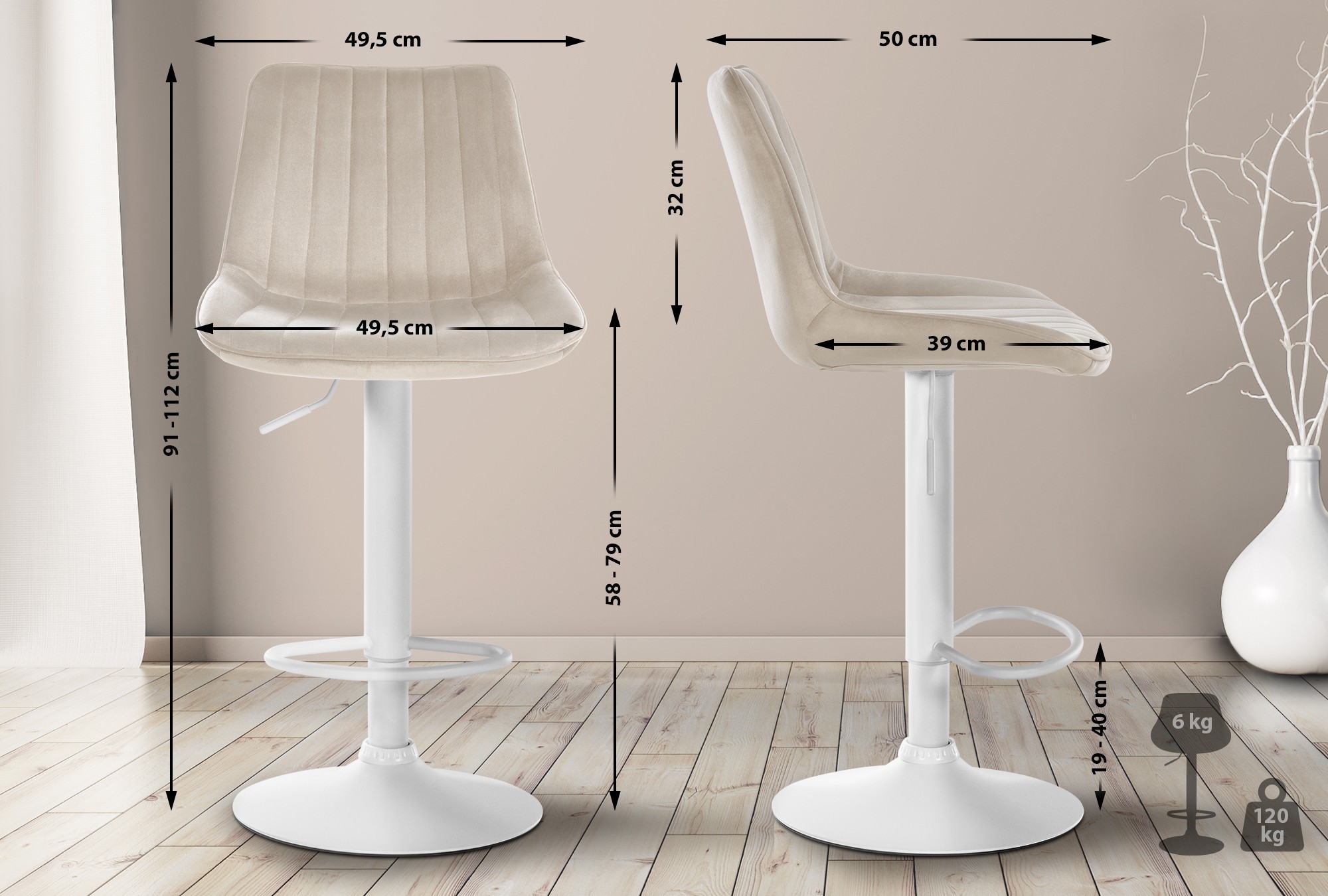 2er Set Barhocker Toni Samt weiß, creme