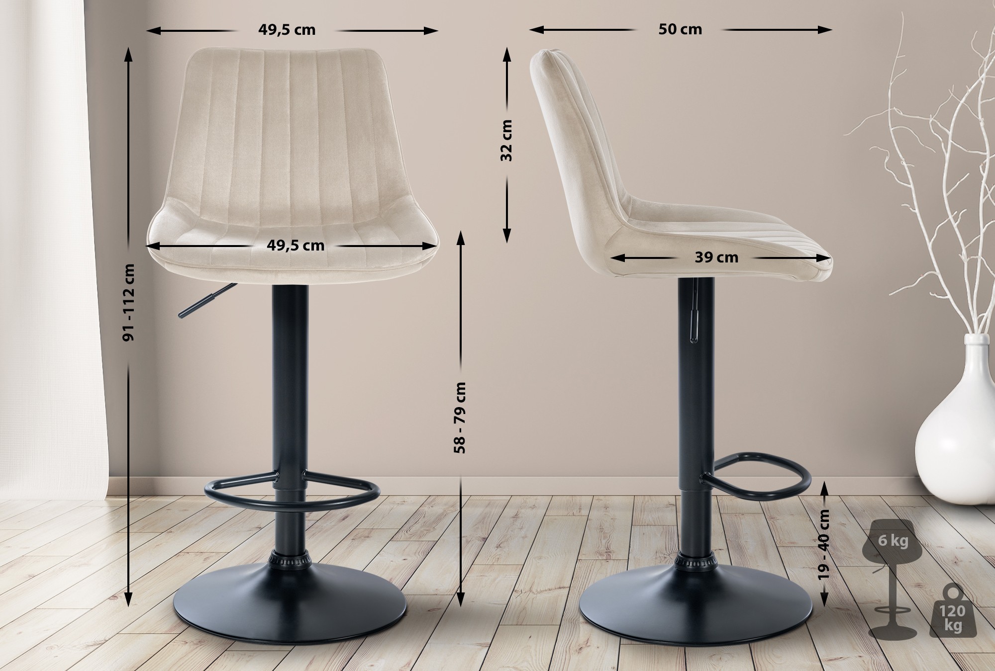 Barhocker Toni Samt schwarz, creme