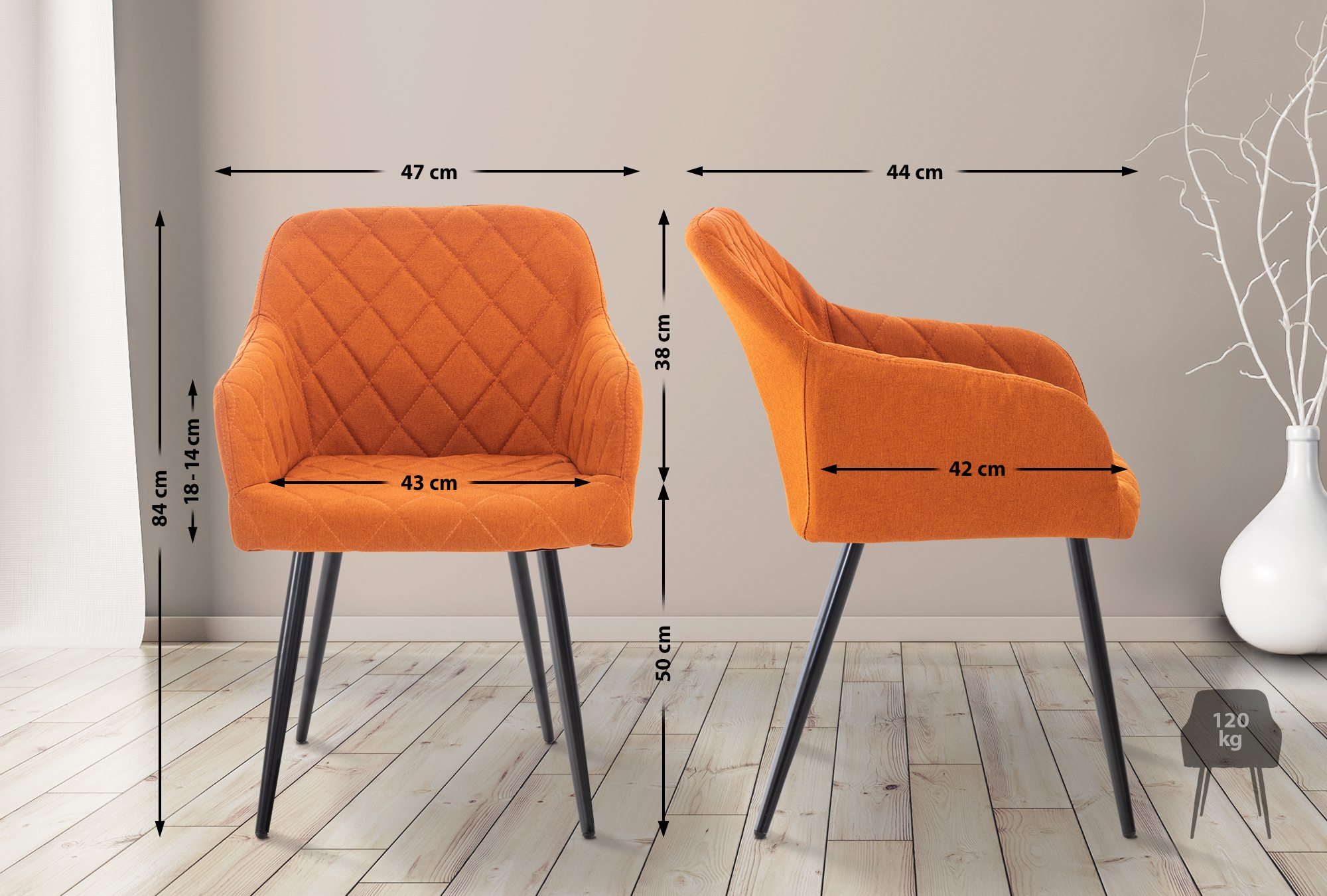 2er Set Esszimmerstuhl Shila Stoff, orange