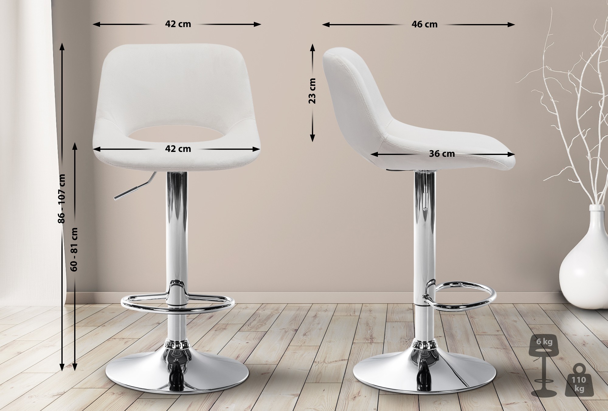 2er Set Barhocker Camden Samt chrom, creme