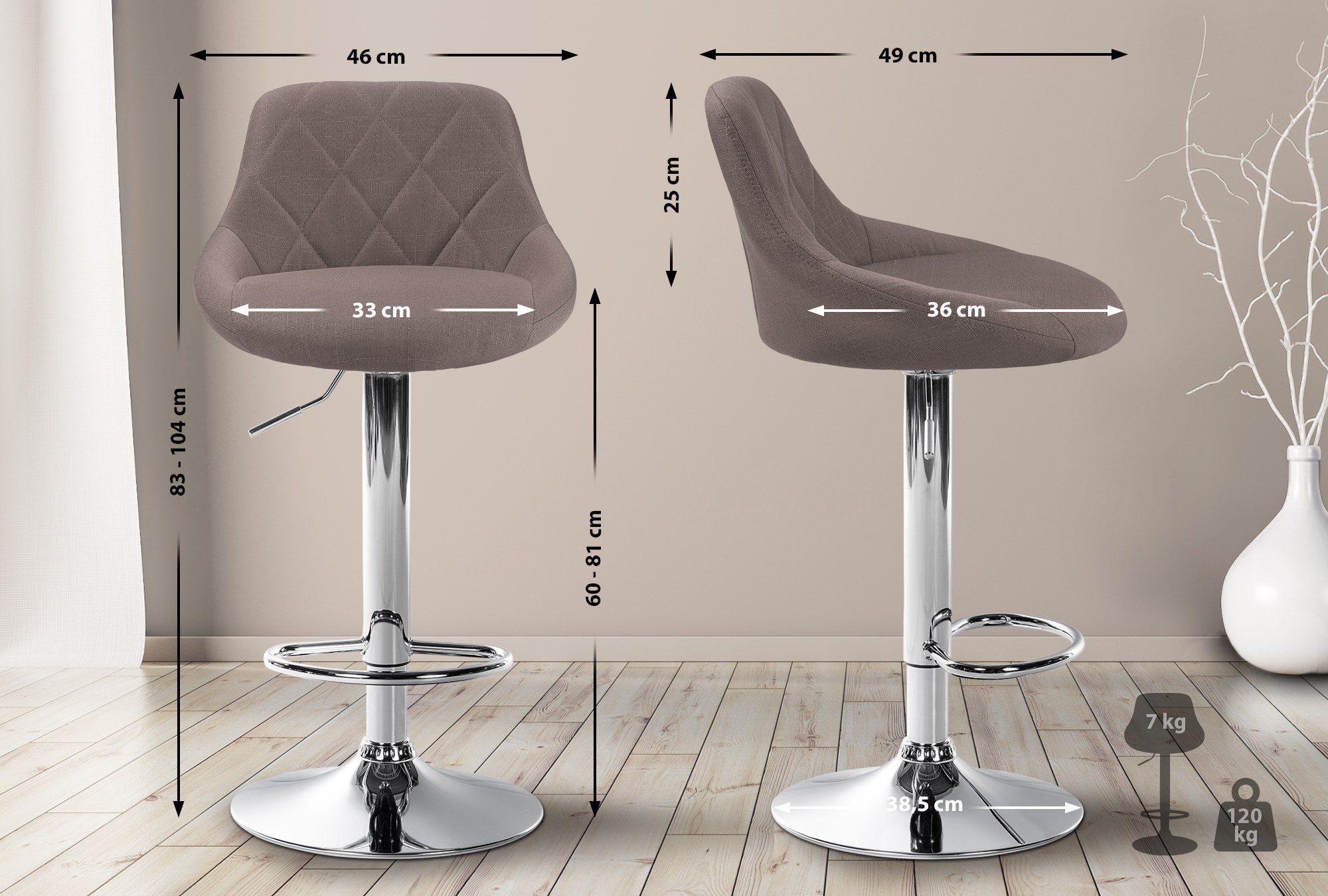 Barhocker Lazio Stoff chrom, taupe