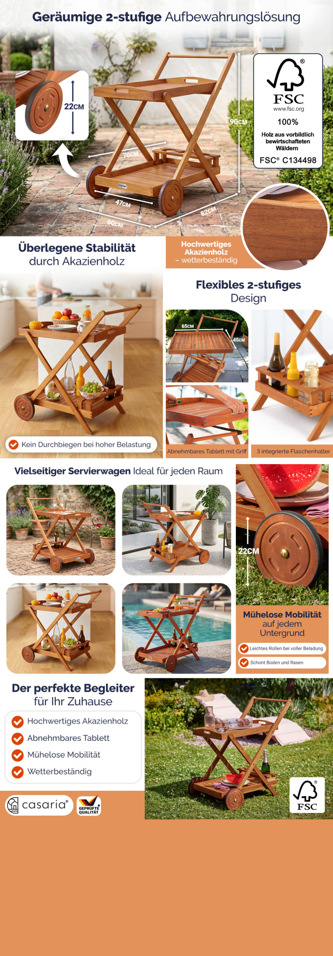 Servierwagen mit Rollen Akazienholz FSC®-zertifiziert
