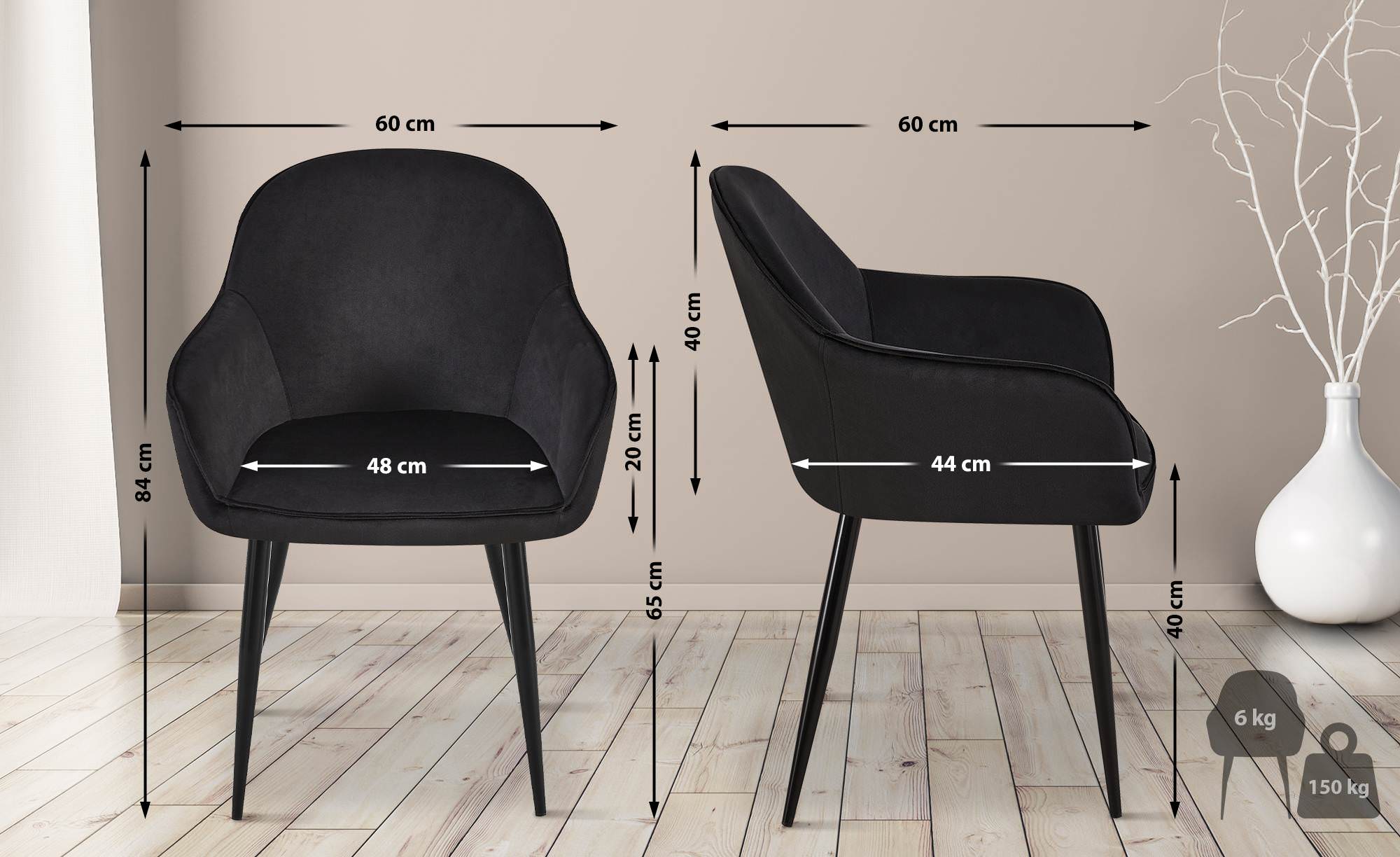 2er Set Esszimmerstuhl Boise Samt, schwarz