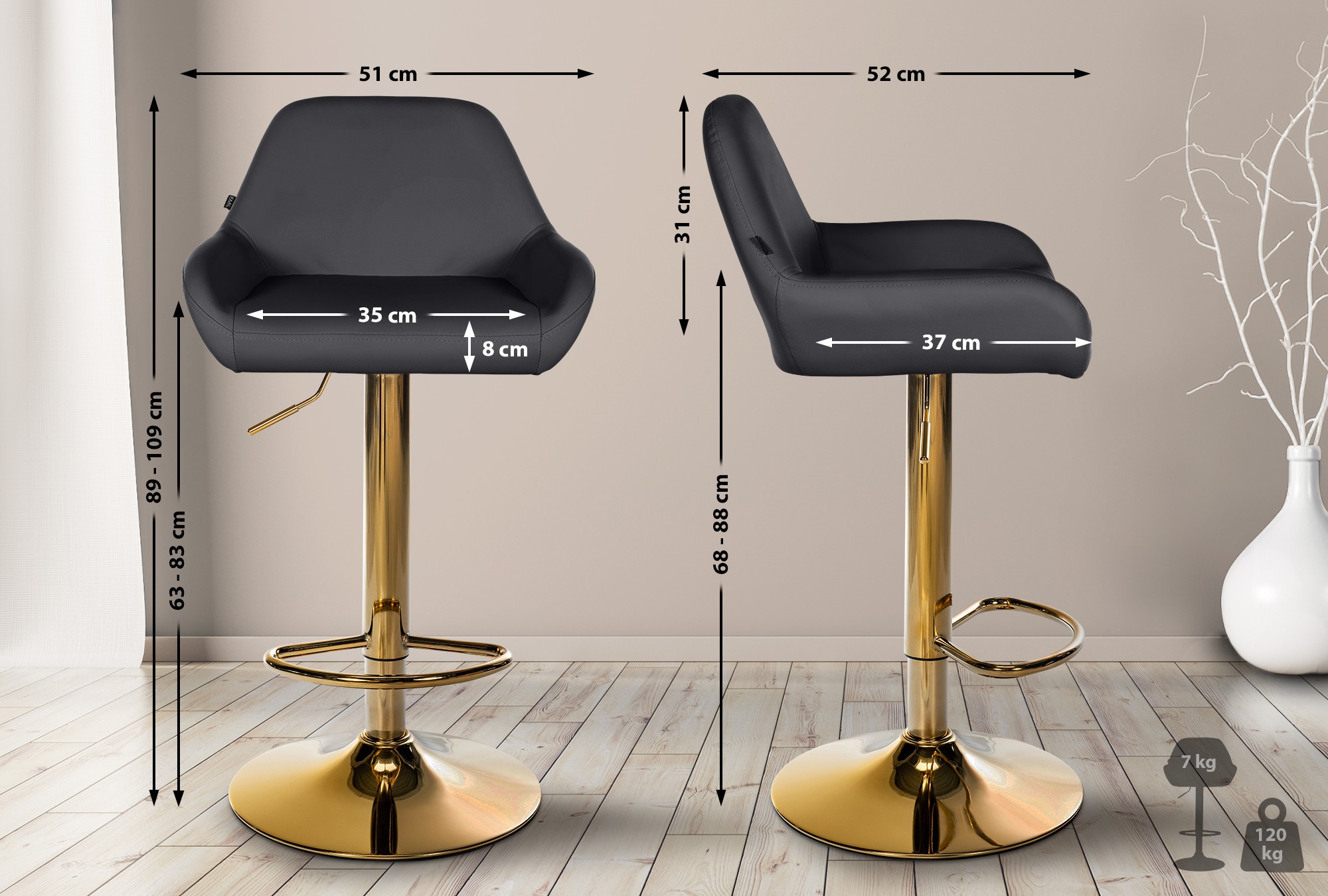 2er Set Barhocker Braga Gold Kunstleder, schwarz