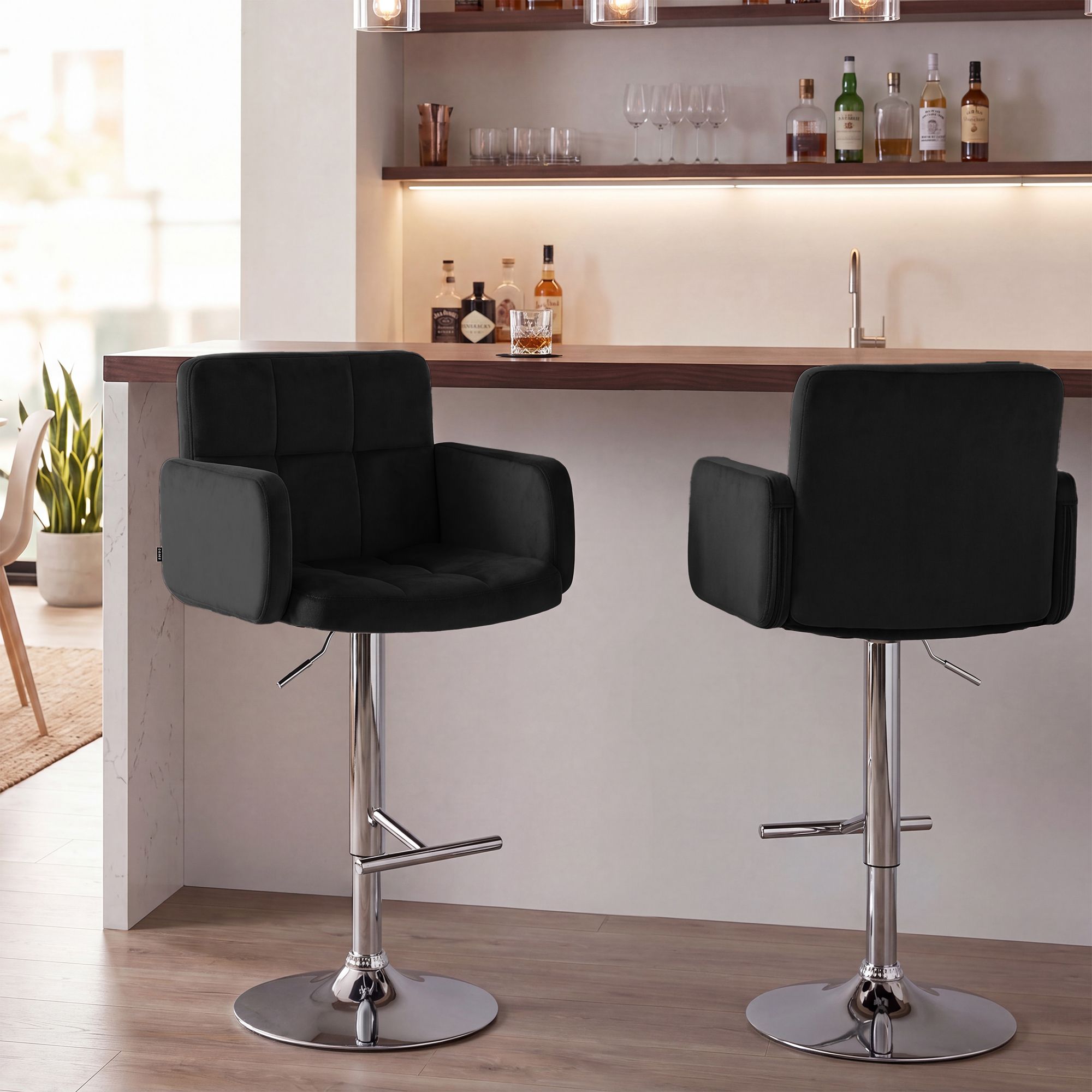 2er Set Barhocker Los Angeles Samt chrom, schwarz