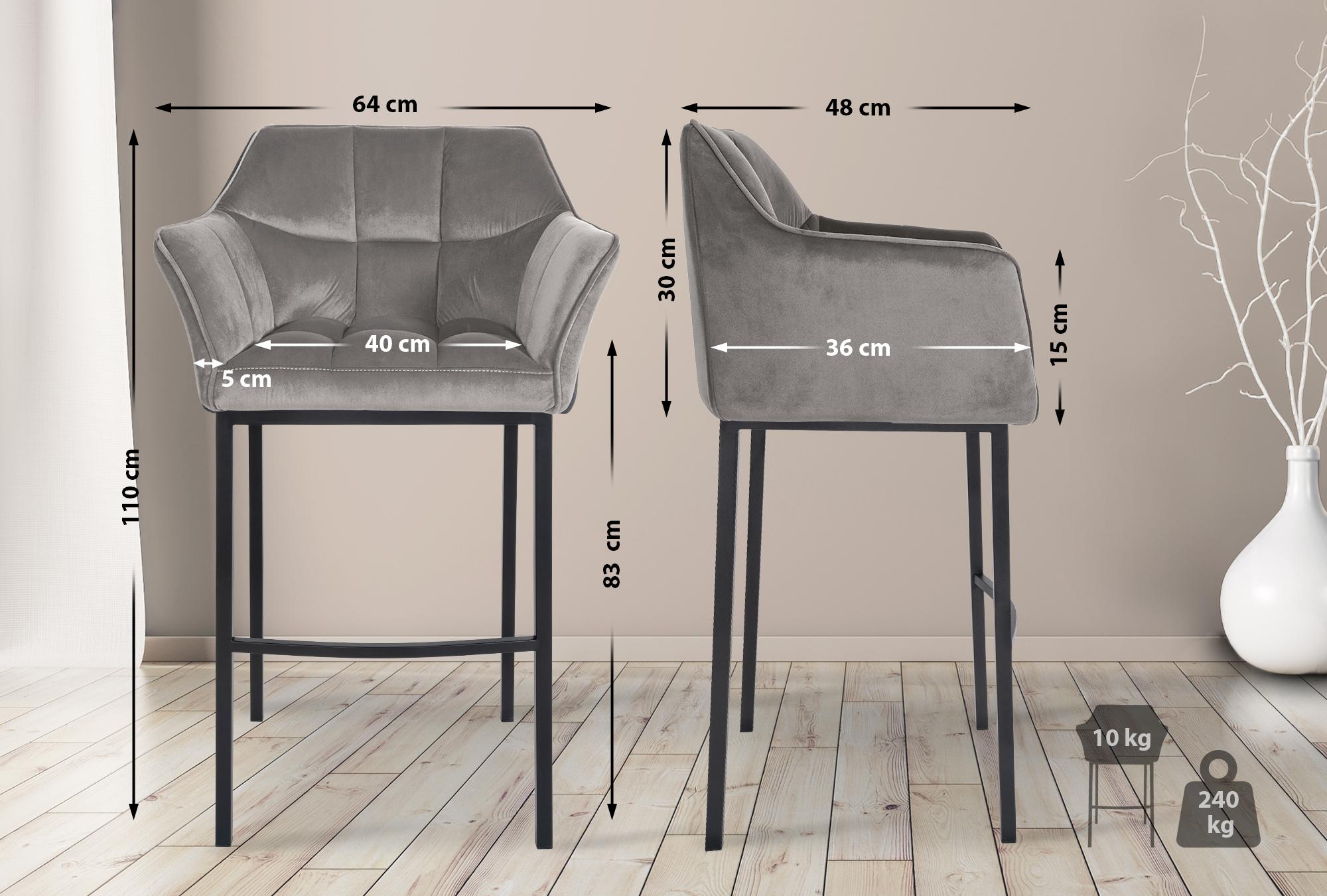 Barhocker Damaso B Samt mit 4-Fuß Gestell, grau