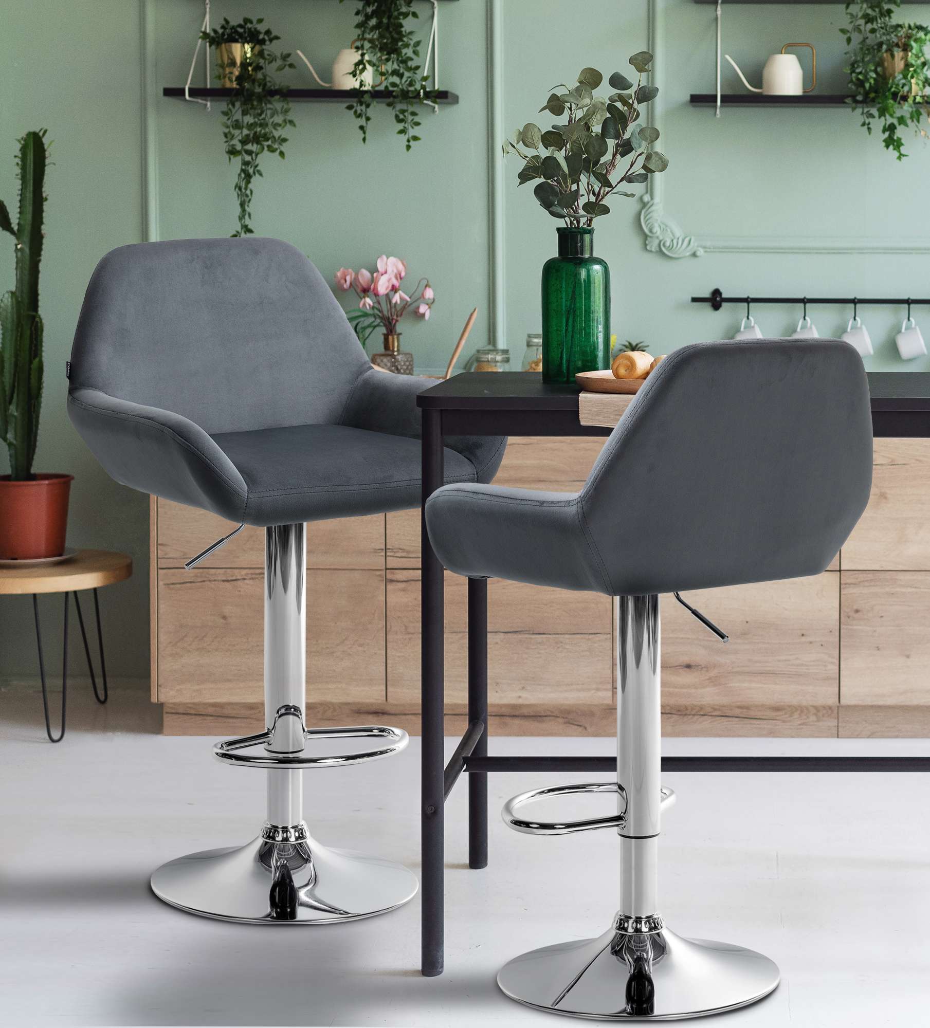2er Set Barhocker Braga Samt chrom, dunkelgrau