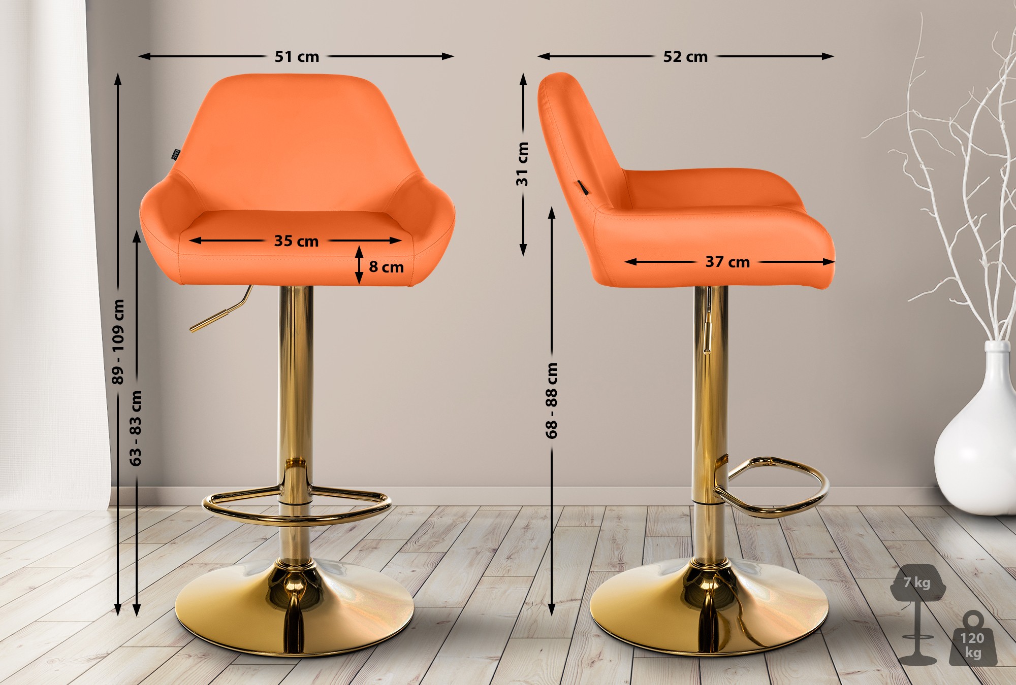 2er Set Barhocker Braga Gold Kunstleder, orange