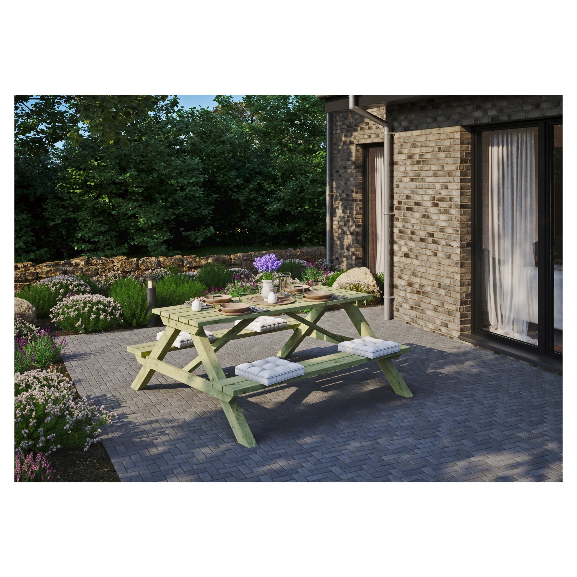 ELLA Picknicktisch rechteckig, B 180 x T 170 x H 75 cm, kdi-grün, Sitzbohlen 40 mm stark, Tischbohlen ca. 30 x 120 mm stark