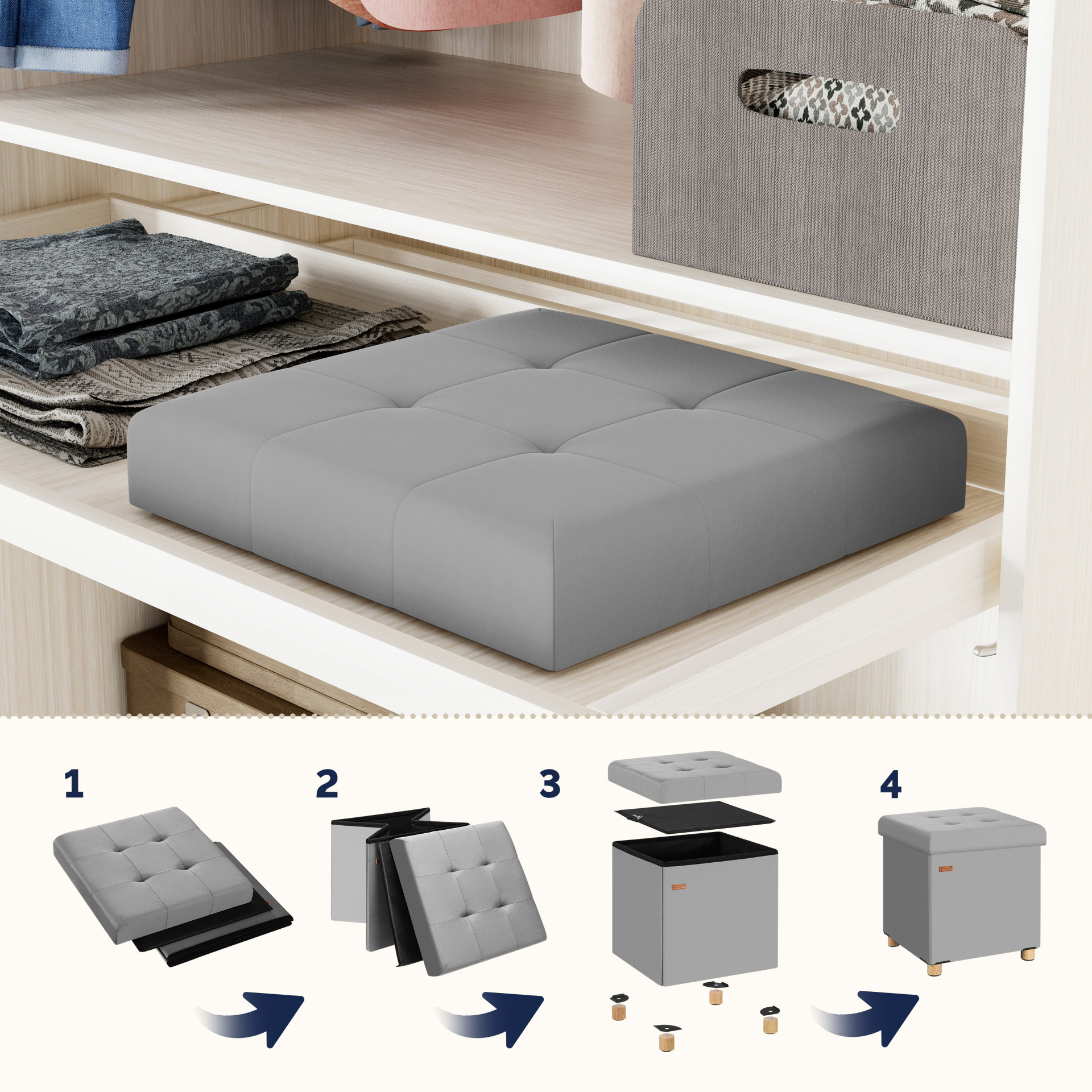 Sitzhocker Grau Samt 42x38x38cm faltbar