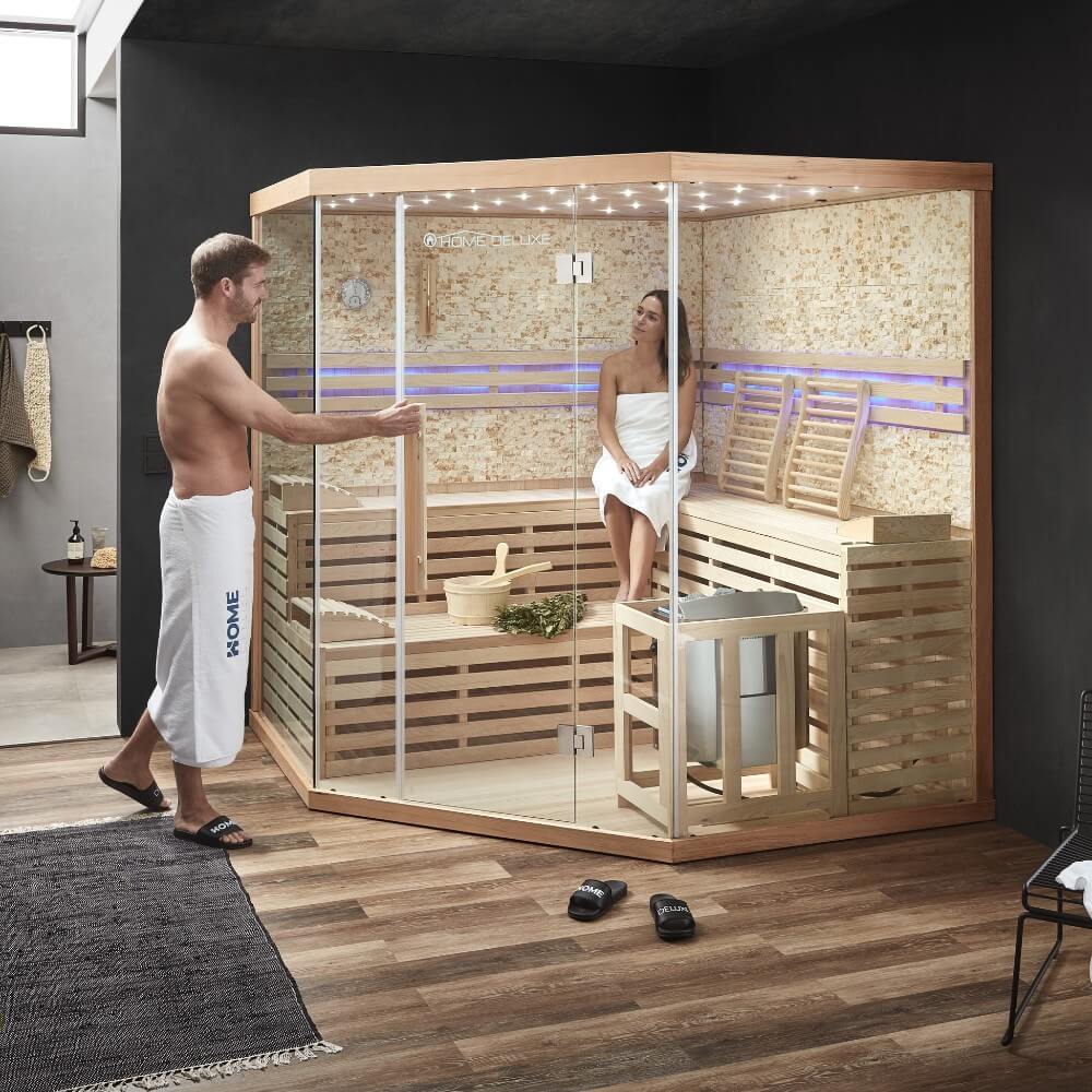 Traditionelle Sauna mit Kunststeinwand SKYLINE BIG XL - 200 x 200 cm für 6 Personen