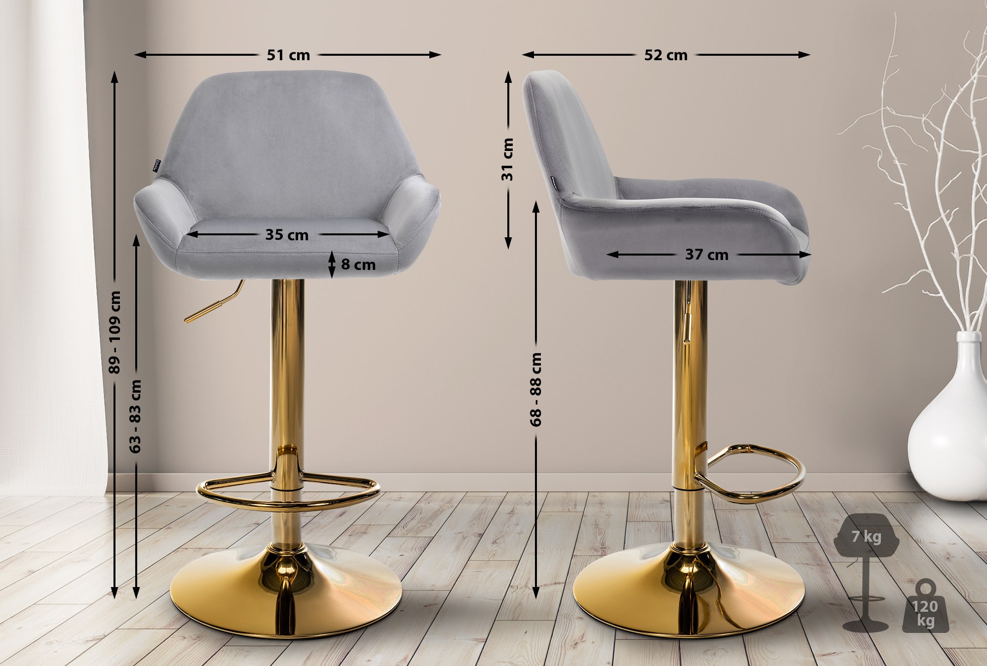 2er Set Barhocker Braga Gold Samt, grau