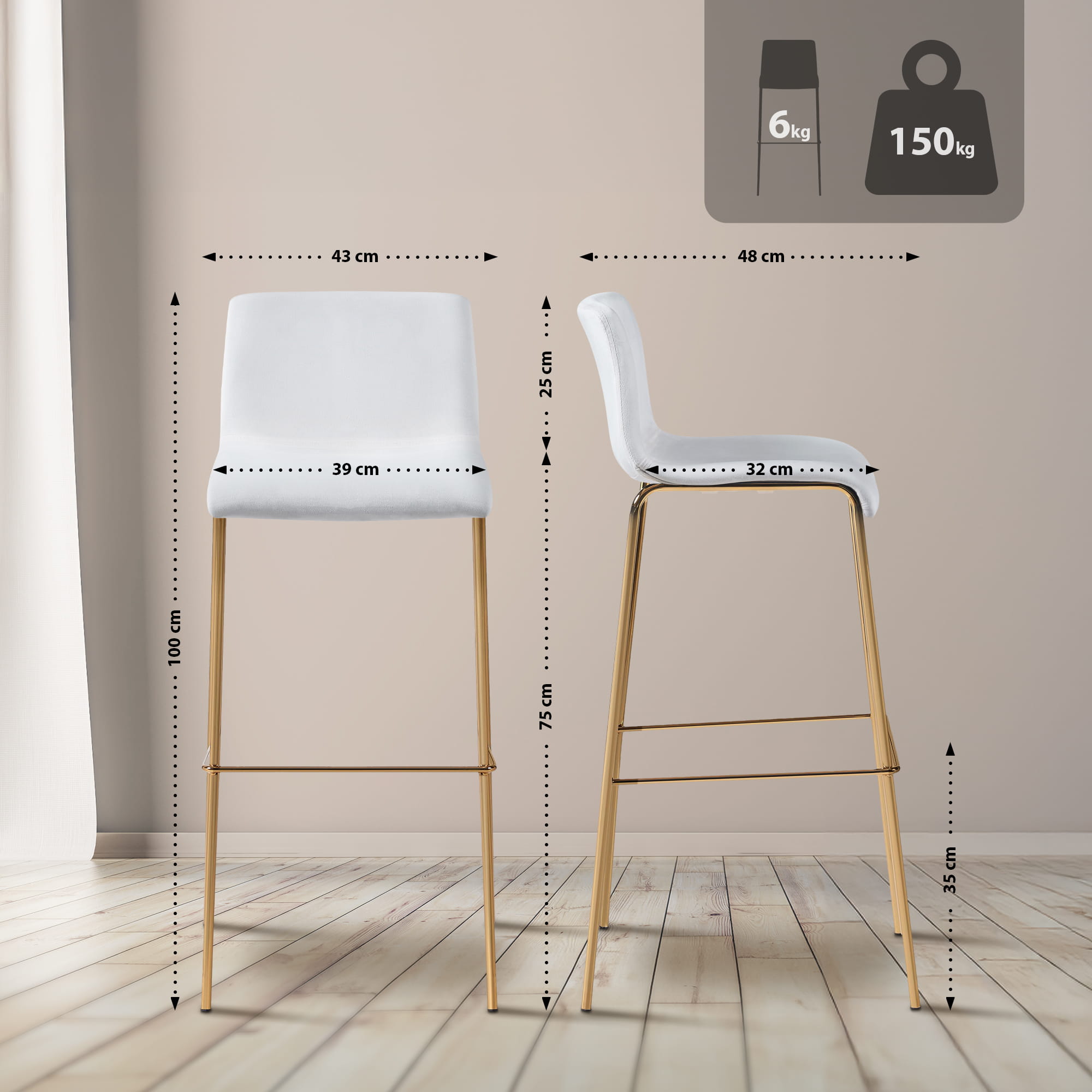 Barhocker Hoover Samt 4-Fuß Gold, creme