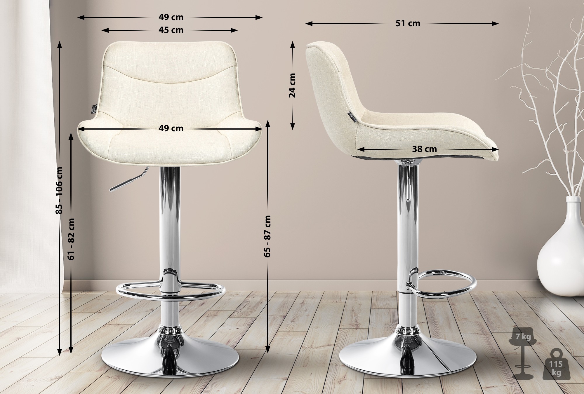 2er Set Barhocker Vonore Stoff chrom, creme