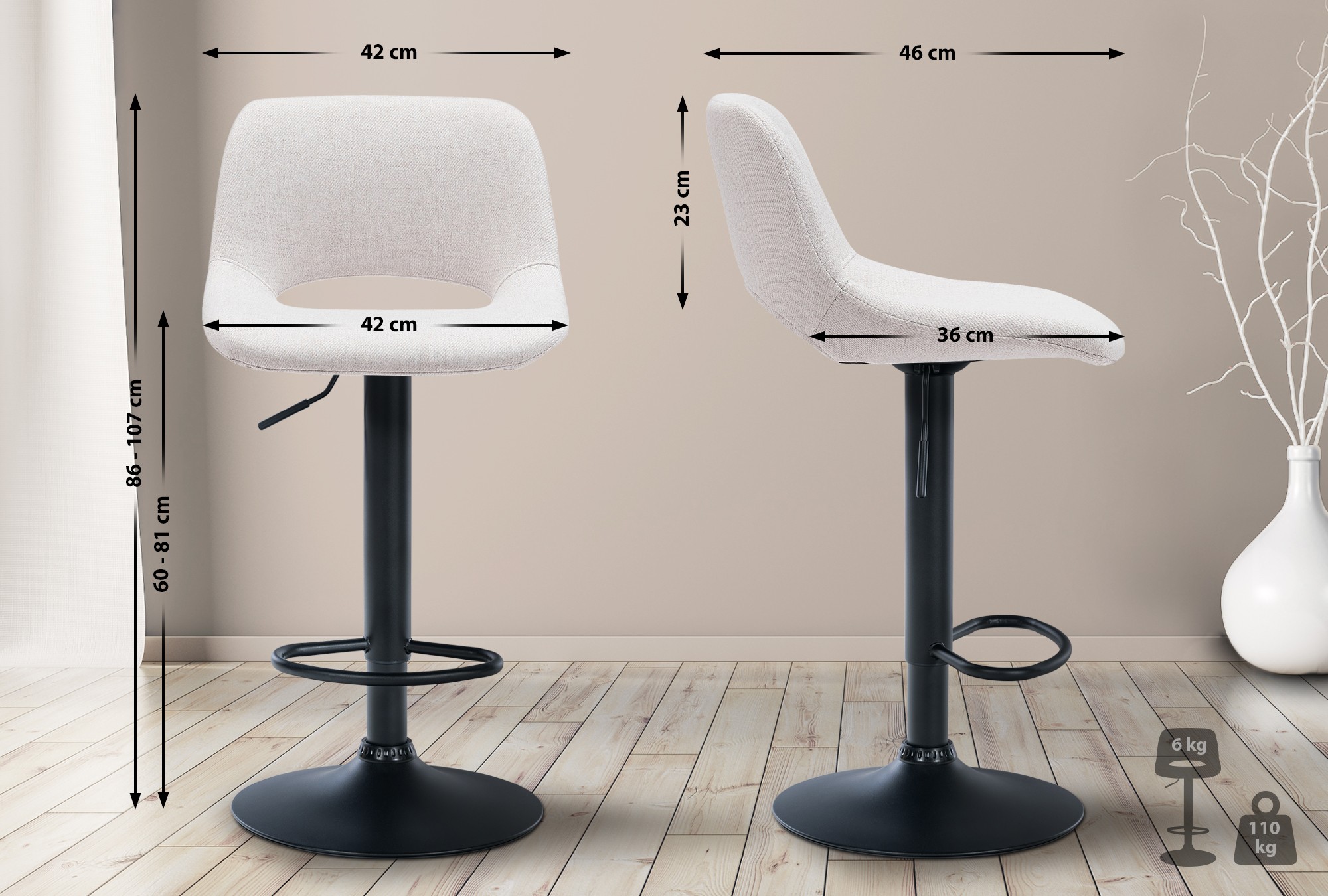 2er Set Barhocker Camden Stoff schwarz, creme