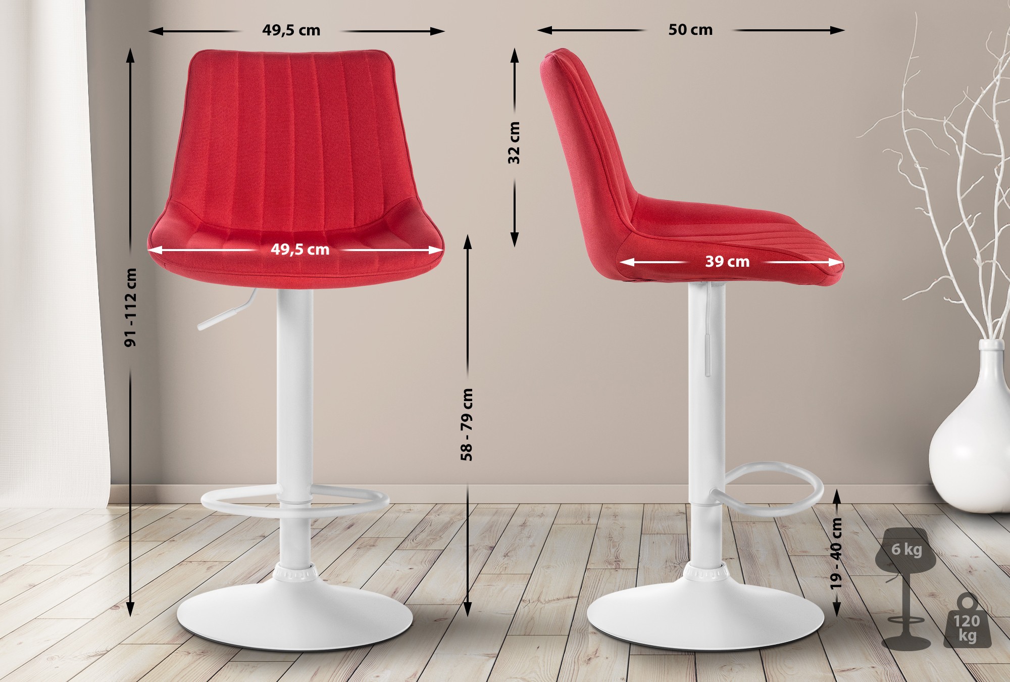 2er Set Barhocker Toni Stoff weiß, rot