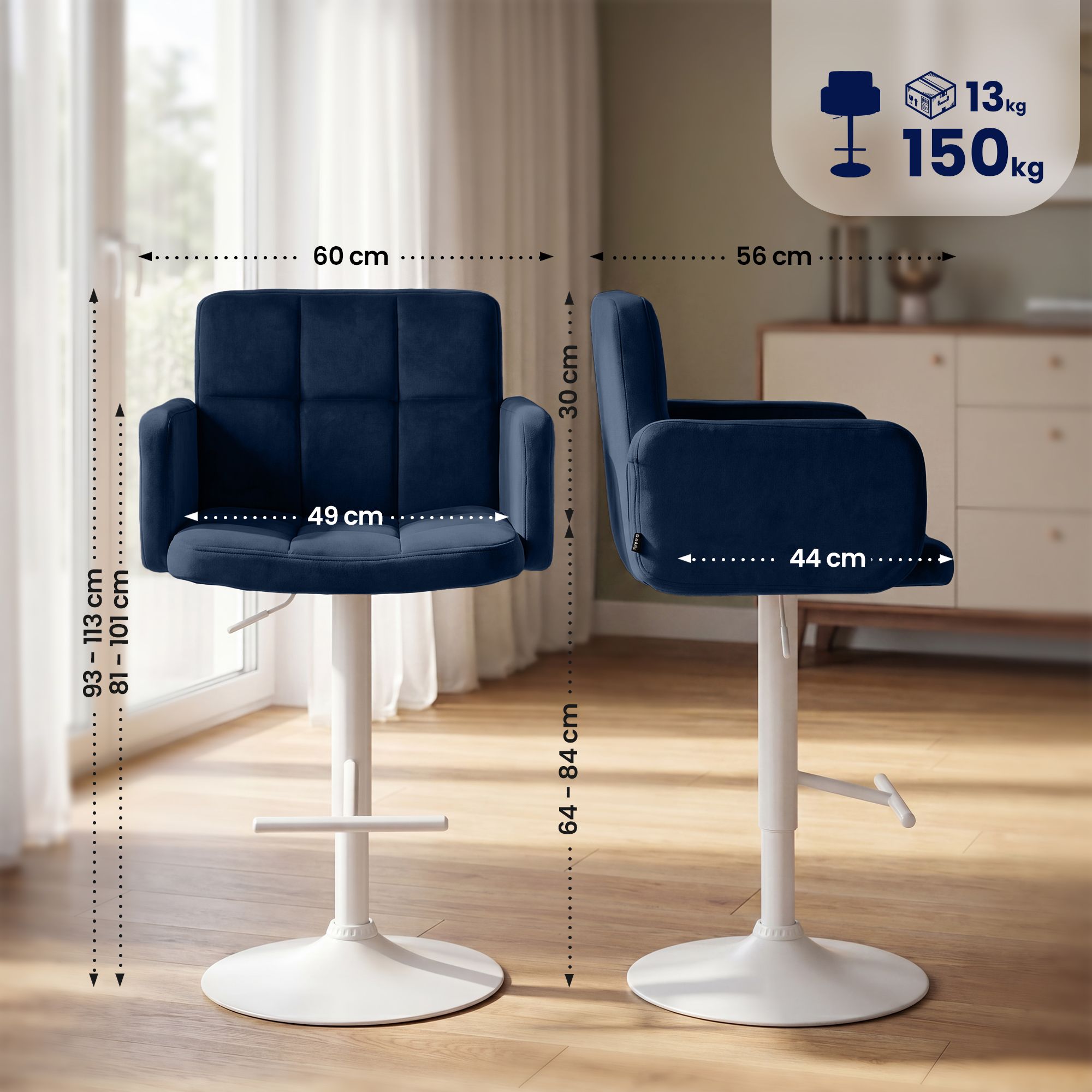 2er Set Barhocker Los Angeles Samt weiß, blau