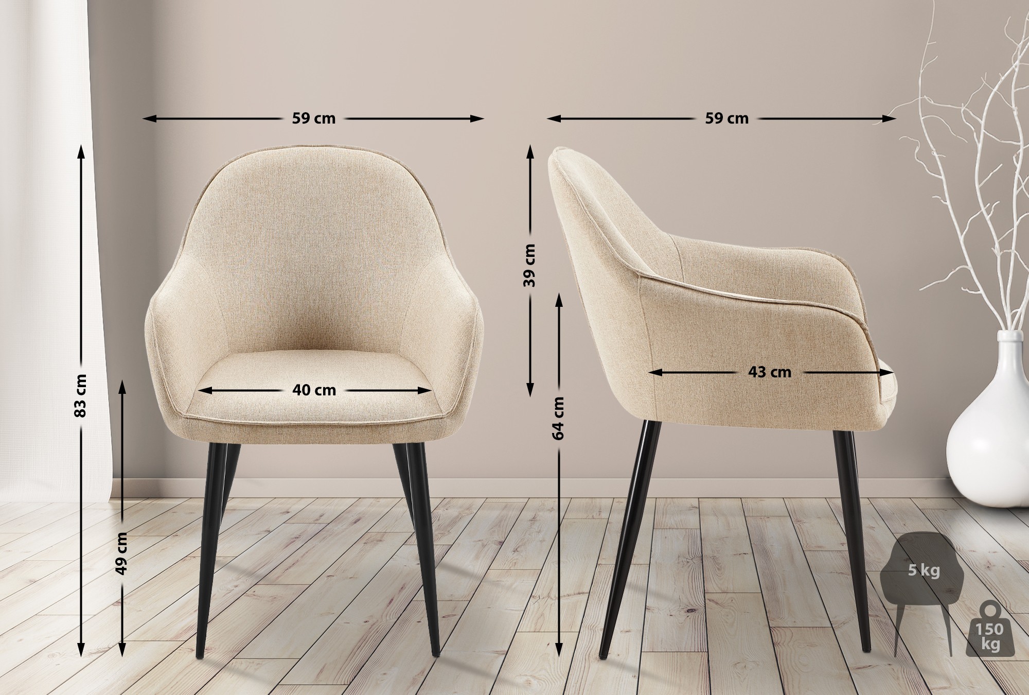 2er Set Esszimmerstühle Boise Stoff, taupe