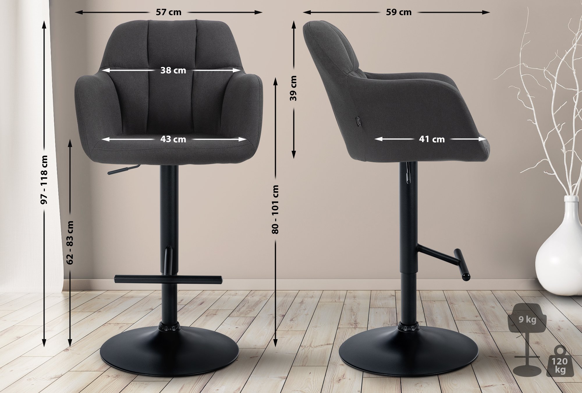 Barhocker Natoma Stoff schwarz, schwarz