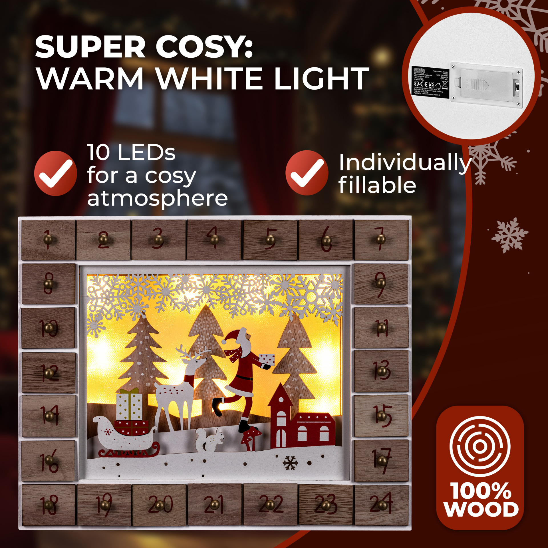 Adventskalender Weihnachtsmann Holz beleuchtet LED