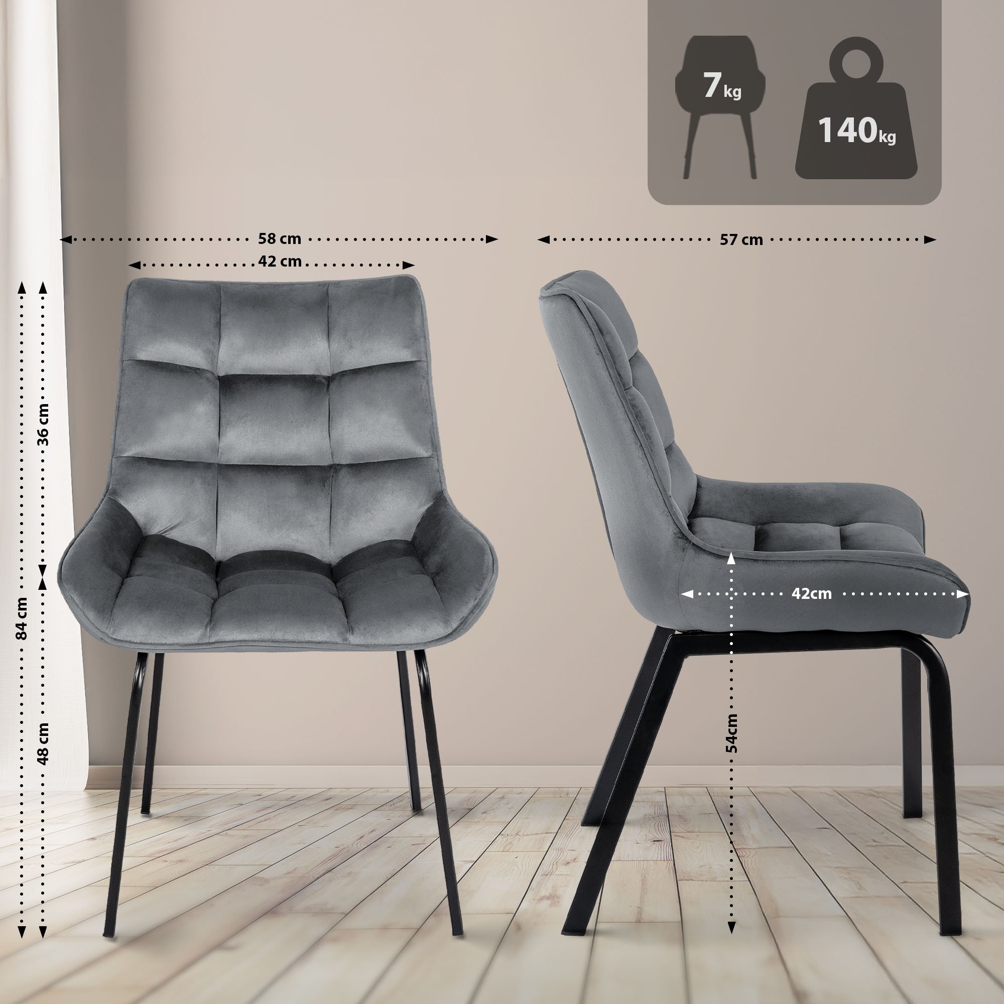 2er Set Stuhl Saranda Samt, dunkelgrau