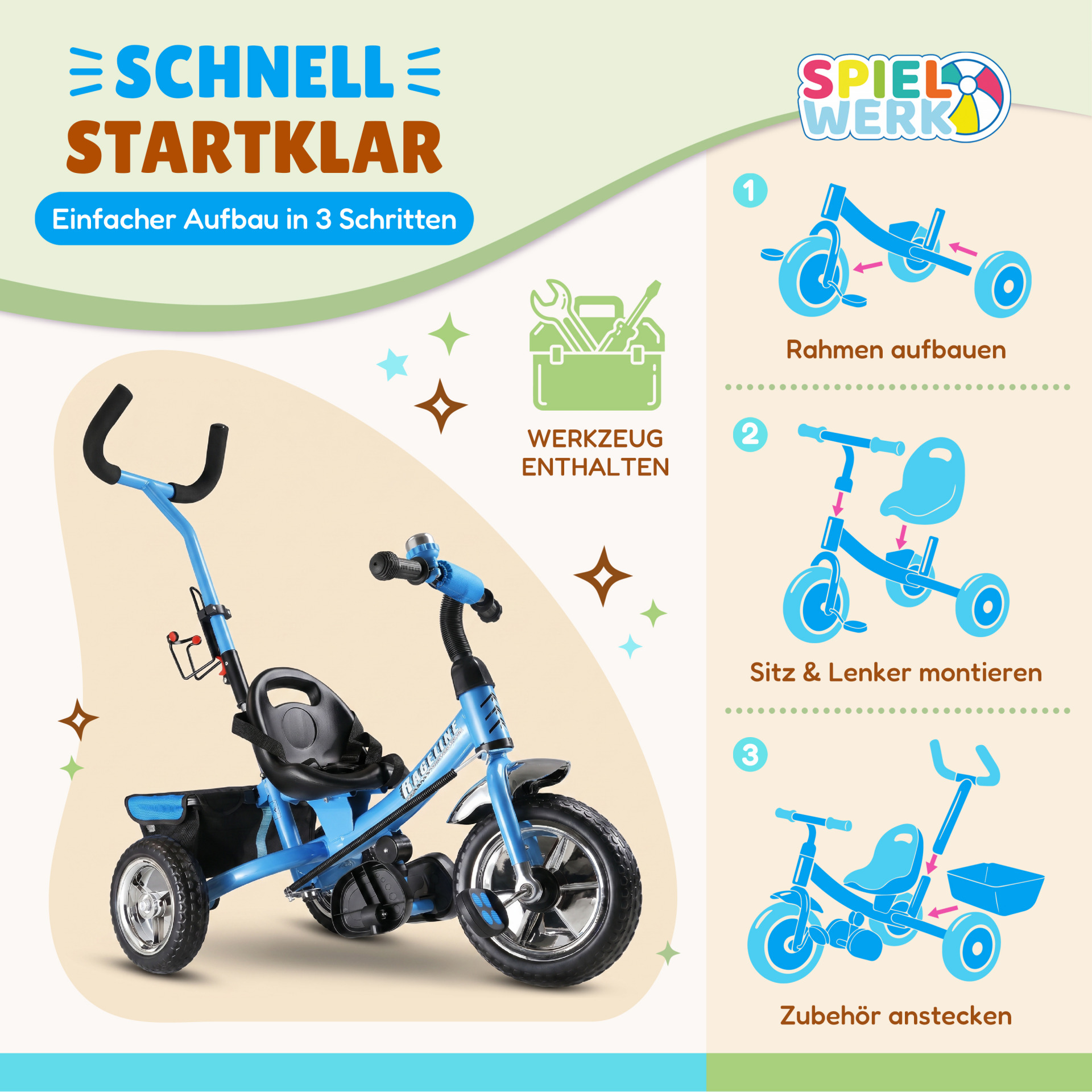 Kinderdreirad Raceline Blau Metall Schiebestange