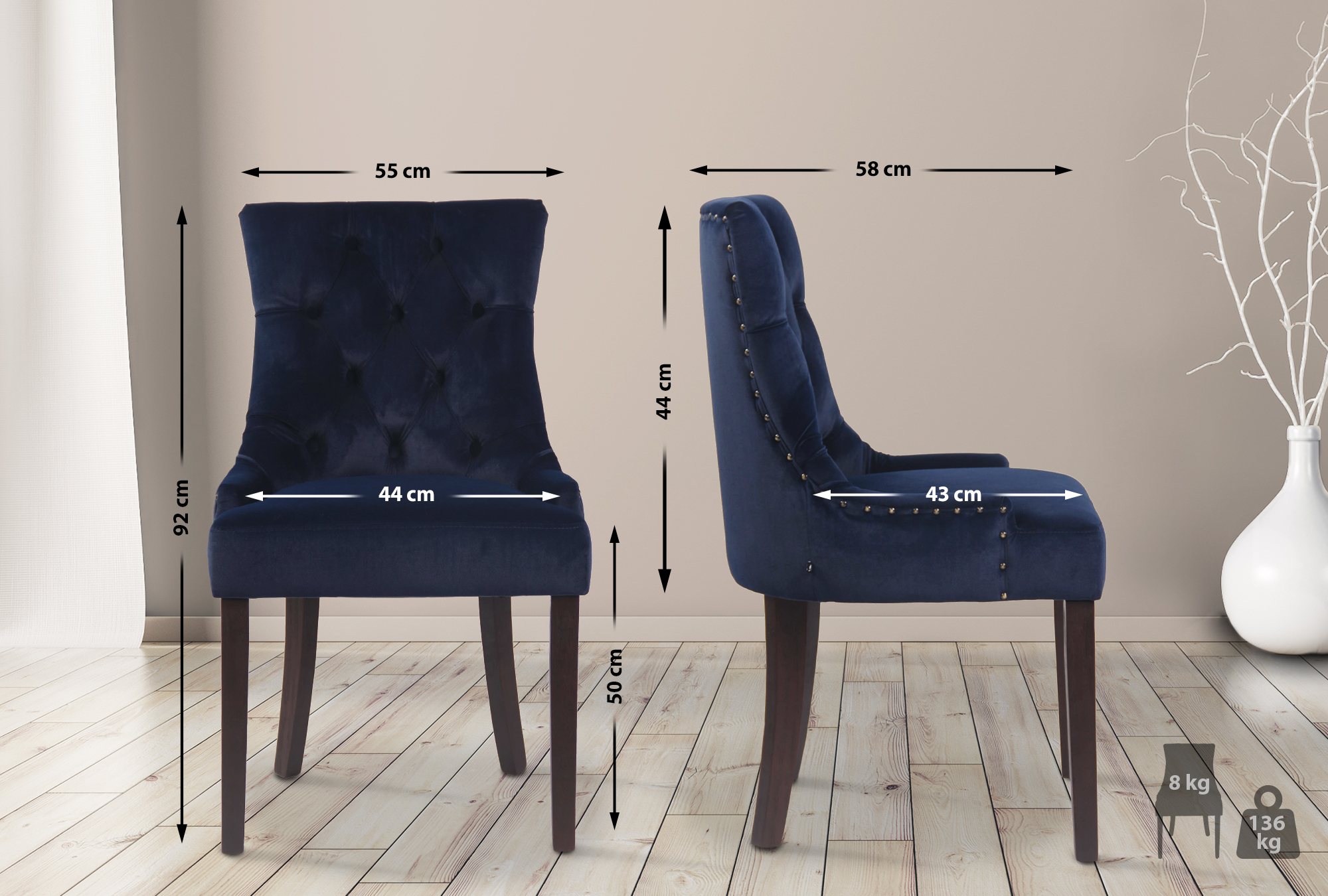 4er Set Esszimmerstühle Aberdeen Samt antik, blau