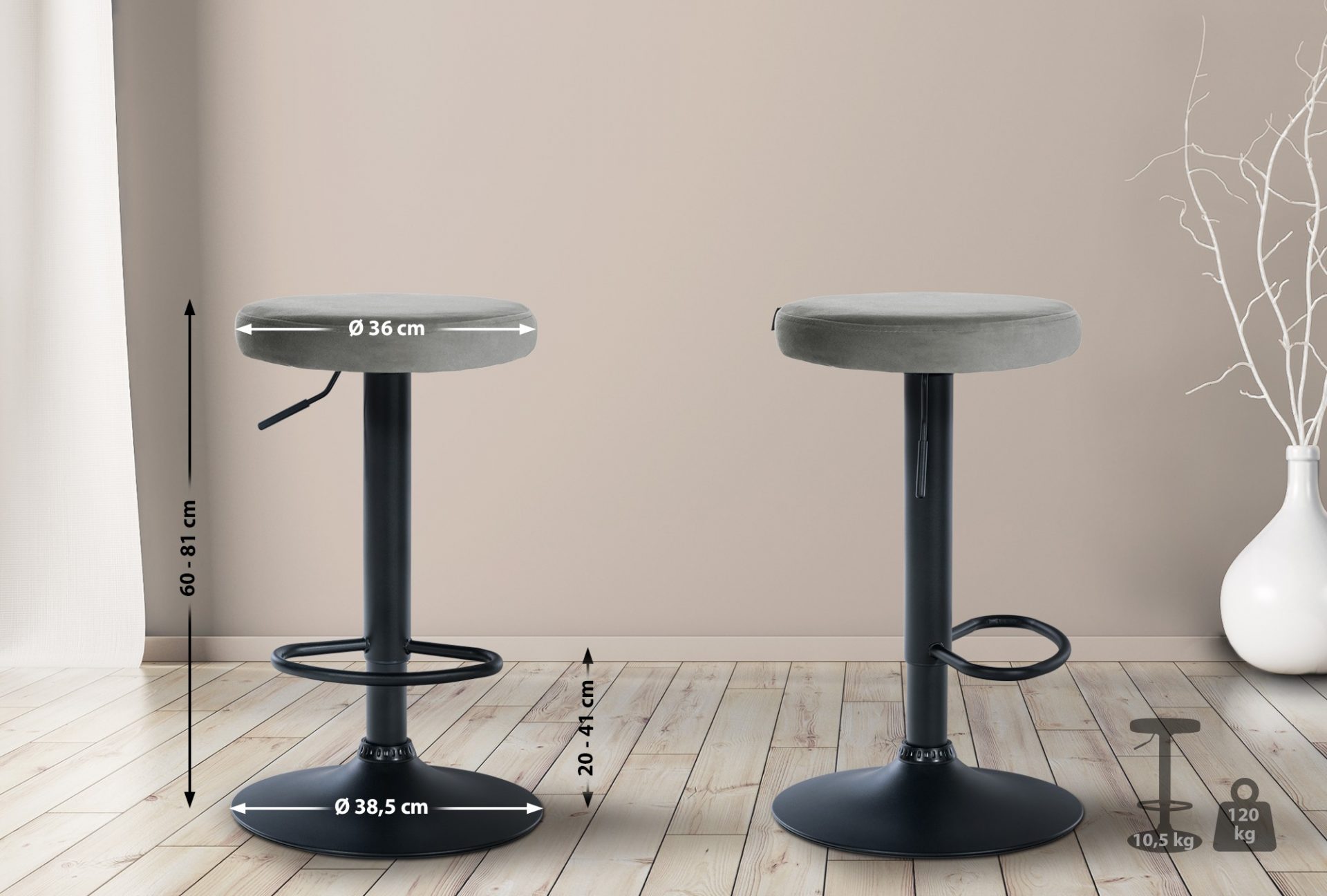 2er Set Barhocker Ponte Samt schwarz, grau